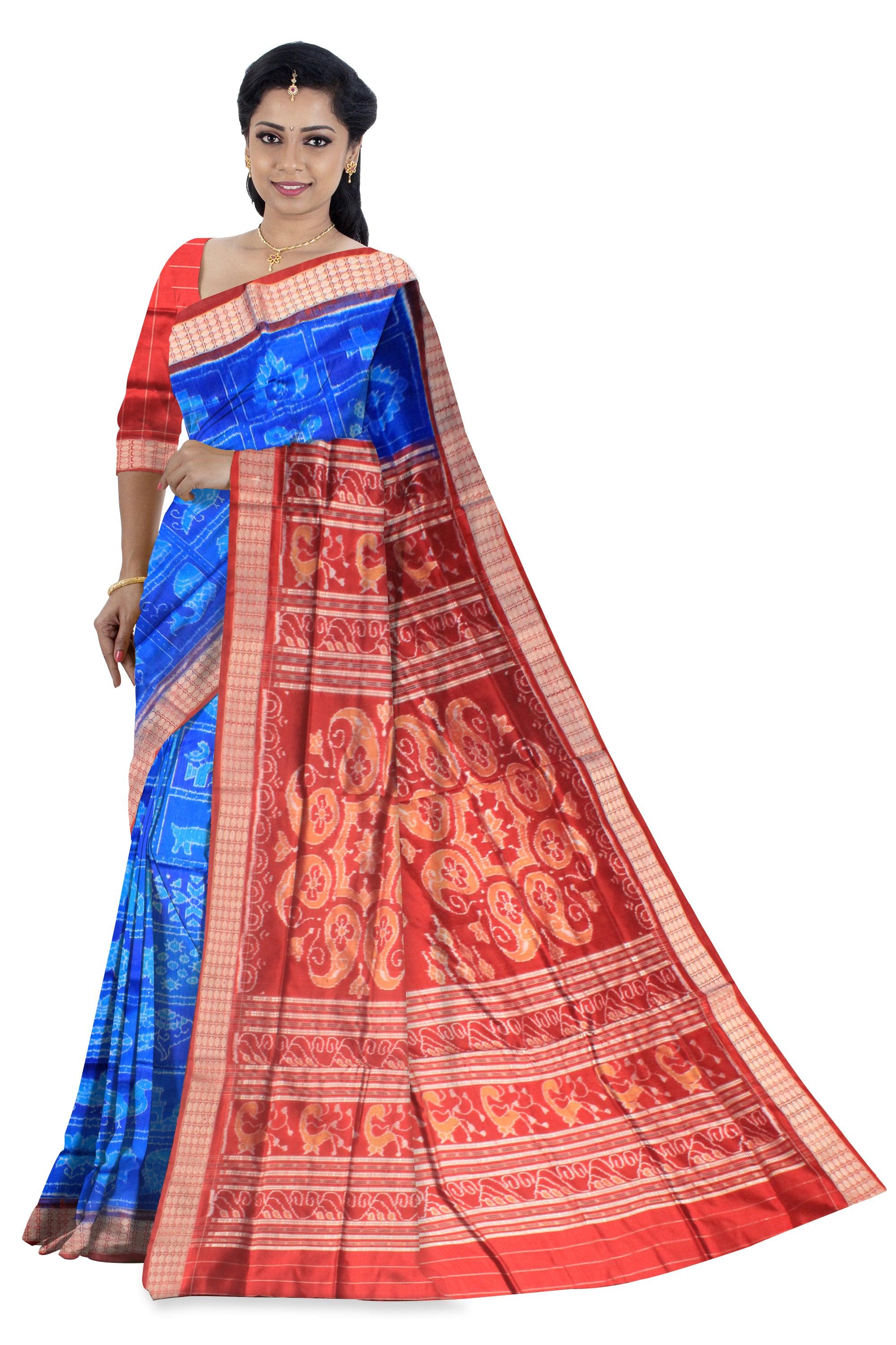 BODY IN BLUE AND RED COLORS WITH TRADITIONAL NABAKOTHI DESIGN SONEPUR PURE PATA SAREE, WITH BLOUSE PIECE. - Koshali Arts & Crafts Enterprise