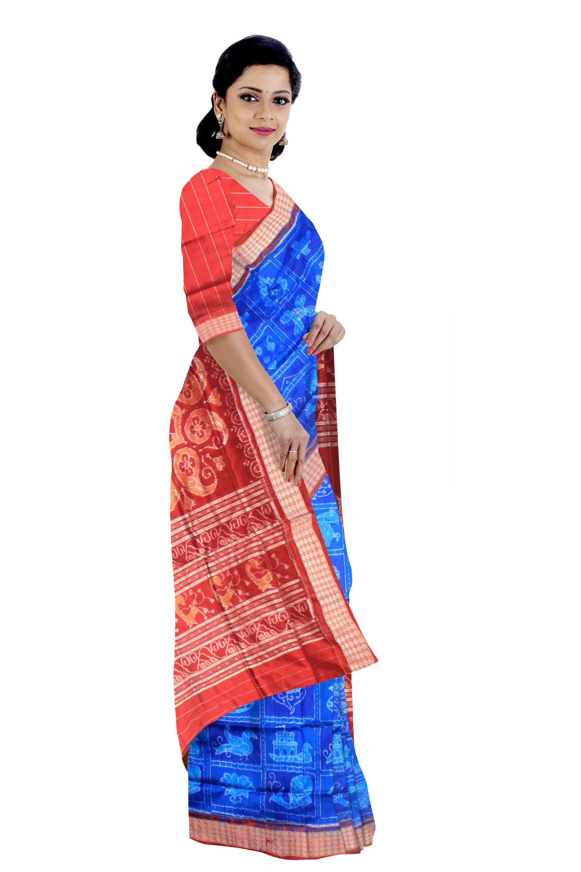 BODY IN BLUE AND RED COLORS WITH TRADITIONAL NABAKOTHI DESIGN SONEPUR PURE PATA SAREE, WITH BLOUSE PIECE. - Koshali Arts & Crafts Enterprise