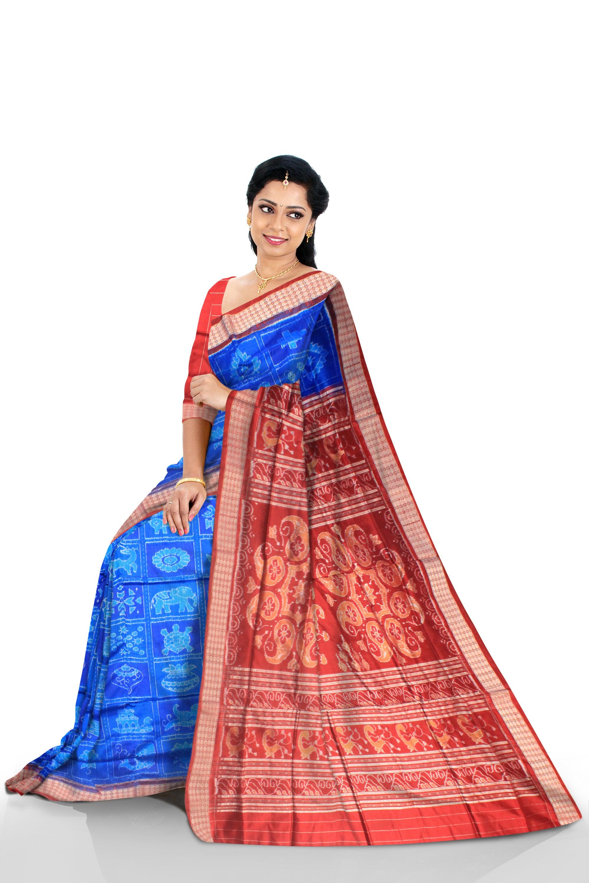 BODY IN BLUE AND RED COLORS WITH TRADITIONAL NABAKOTHI DESIGN SONEPUR PURE PATA SAREE, WITH BLOUSE PIECE. - Koshali Arts & Crafts Enterprise