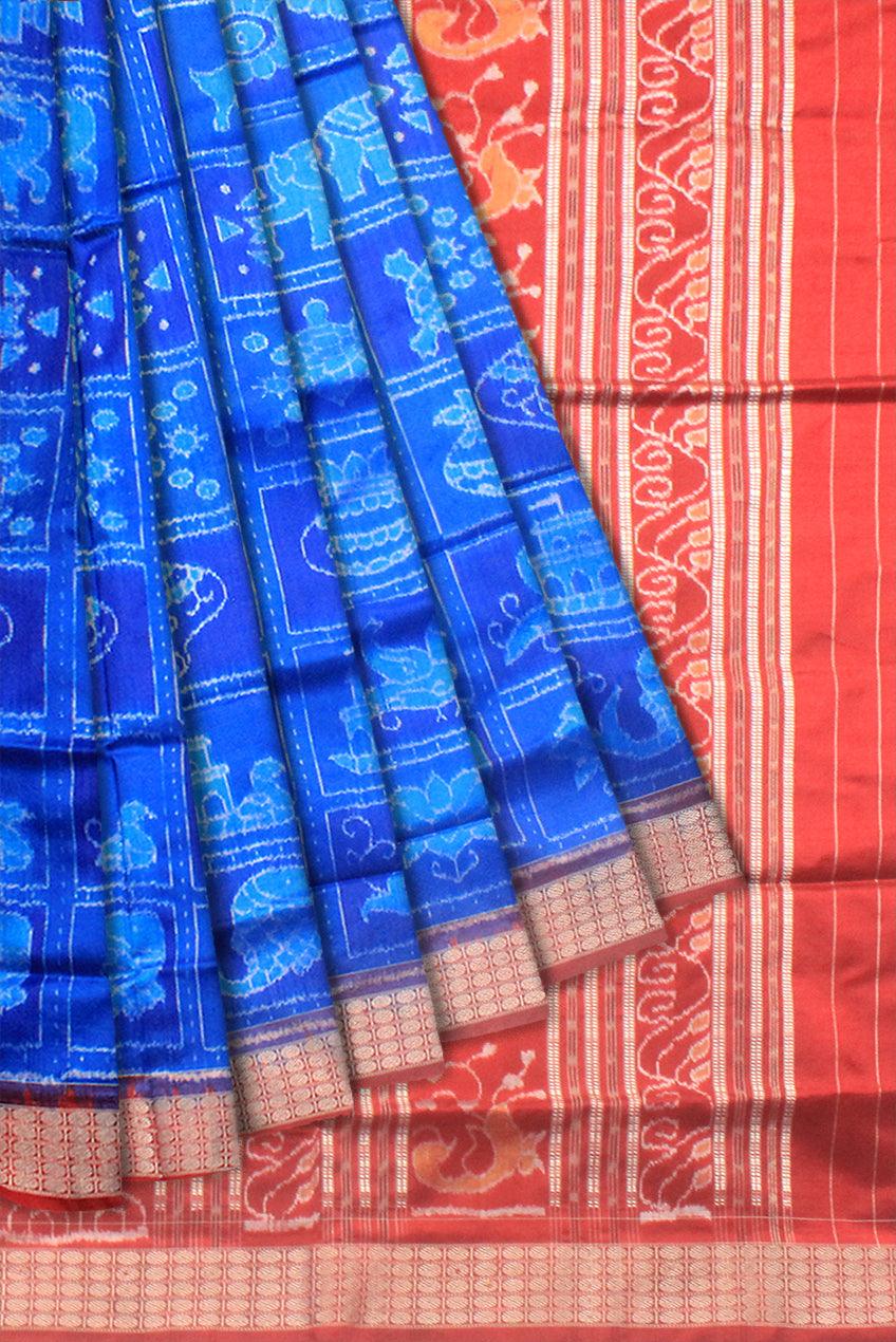 BODY IN BLUE AND RED COLORS WITH TRADITIONAL NABAKOTHI DESIGN SONEPUR PURE PATA SAREE, WITH BLOUSE PIECE. - Koshali Arts & Crafts Enterprise