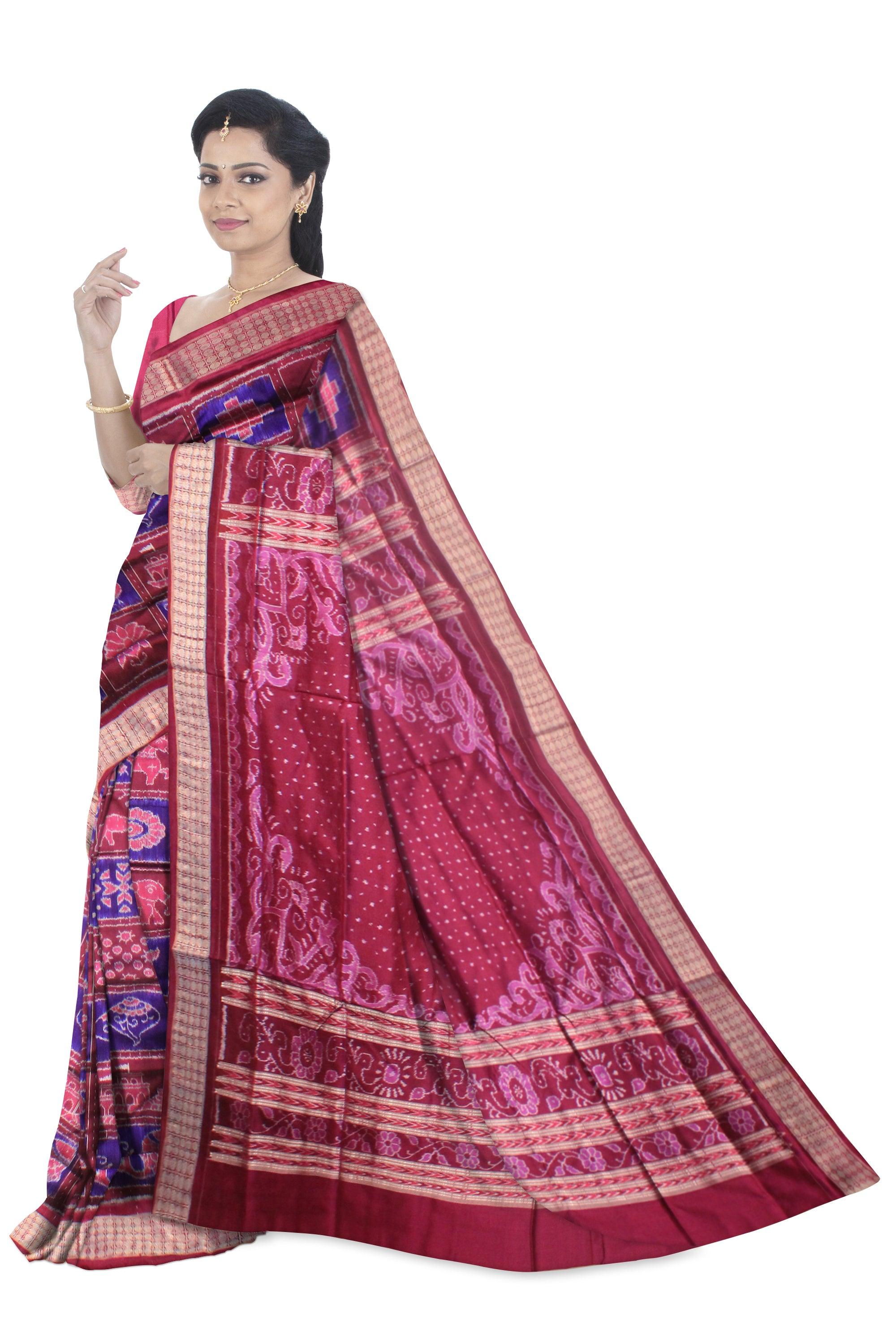 SONEPUR HANDLOOM PURE NABAKOTHI   KHANDUA NATURAL SILK IKKAT PATA SAREE IN CARMINE AND BLUE COLOR, WITH BLOUSE PIECE. - Koshali Arts & Crafts Enterprise