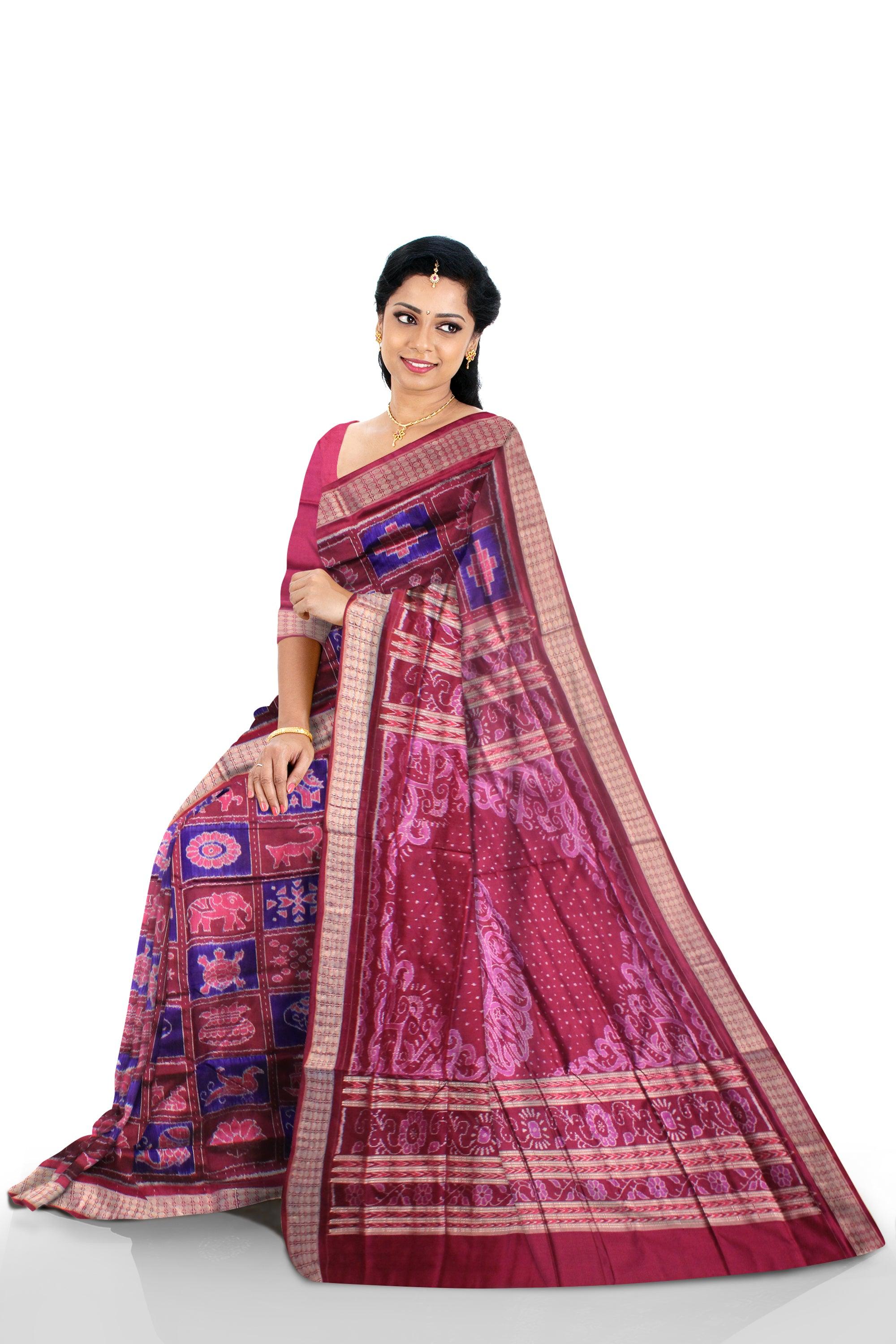 SONEPUR HANDLOOM PURE NABAKOTHI   KHANDUA NATURAL SILK IKKAT PATA SAREE IN CARMINE AND BLUE COLOR, WITH BLOUSE PIECE. - Koshali Arts & Crafts Enterprise