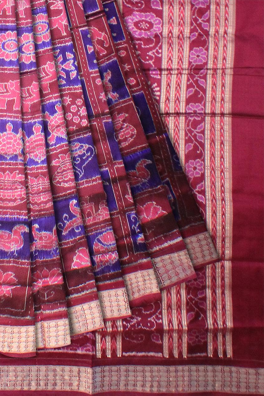 SONEPUR HANDLOOM PURE NABAKOTHI   KHANDUA NATURAL SILK IKKAT PATA SAREE IN CARMINE AND BLUE COLOR, WITH BLOUSE PIECE. - Koshali Arts & Crafts Enterprise