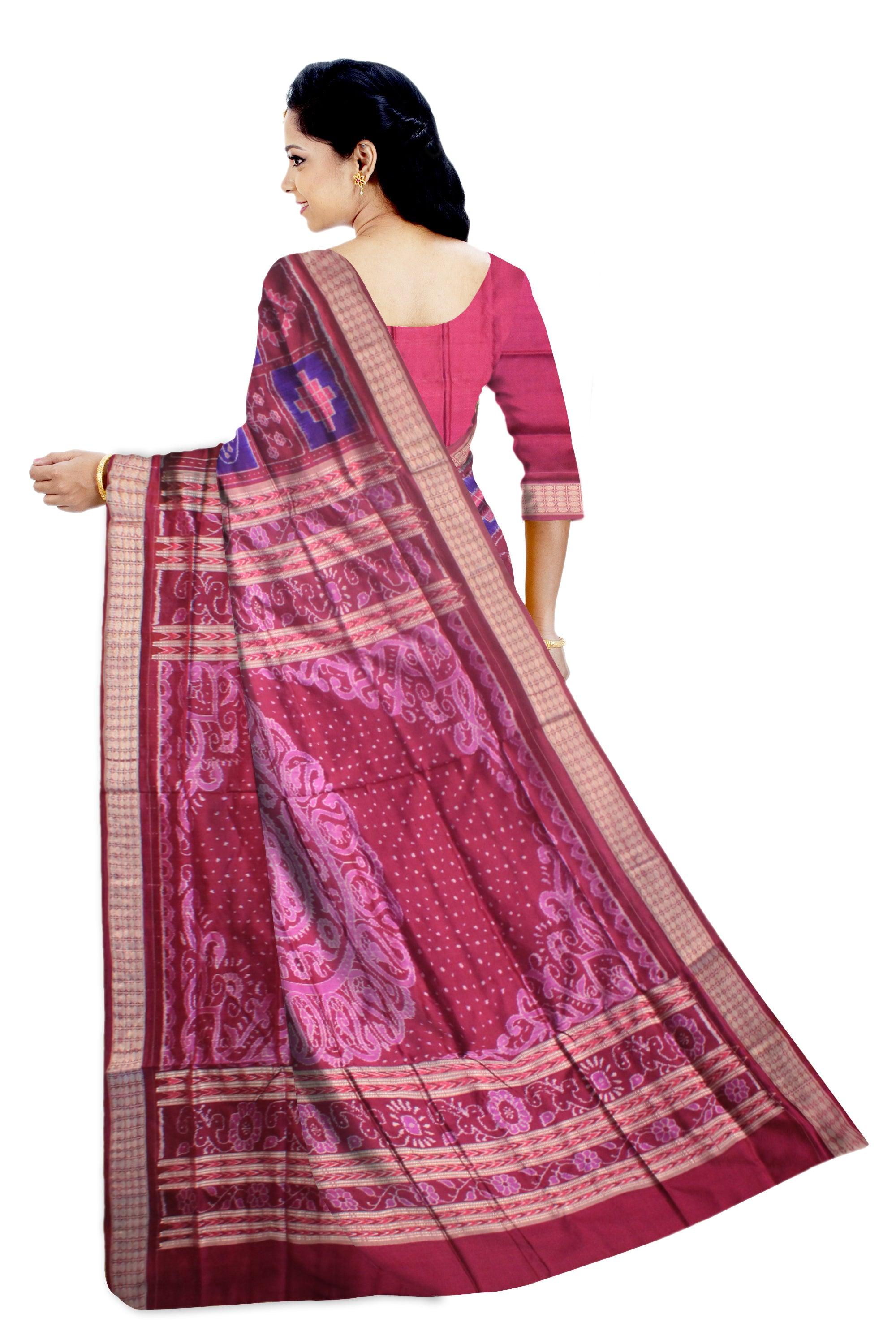 SONEPUR HANDLOOM PURE NABAKOTHI   KHANDUA NATURAL SILK IKKAT PATA SAREE IN CARMINE AND BLUE COLOR, WITH BLOUSE PIECE. - Koshali Arts & Crafts Enterprise