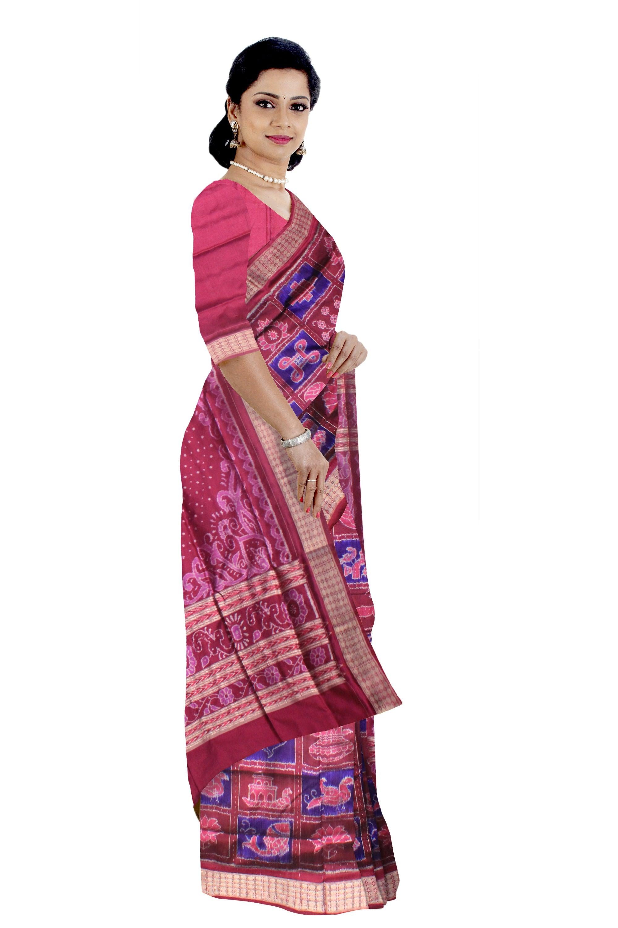 SONEPUR HANDLOOM PURE NABAKOTHI   KHANDUA NATURAL SILK IKKAT PATA SAREE IN CARMINE AND BLUE COLOR, WITH BLOUSE PIECE. - Koshali Arts & Crafts Enterprise