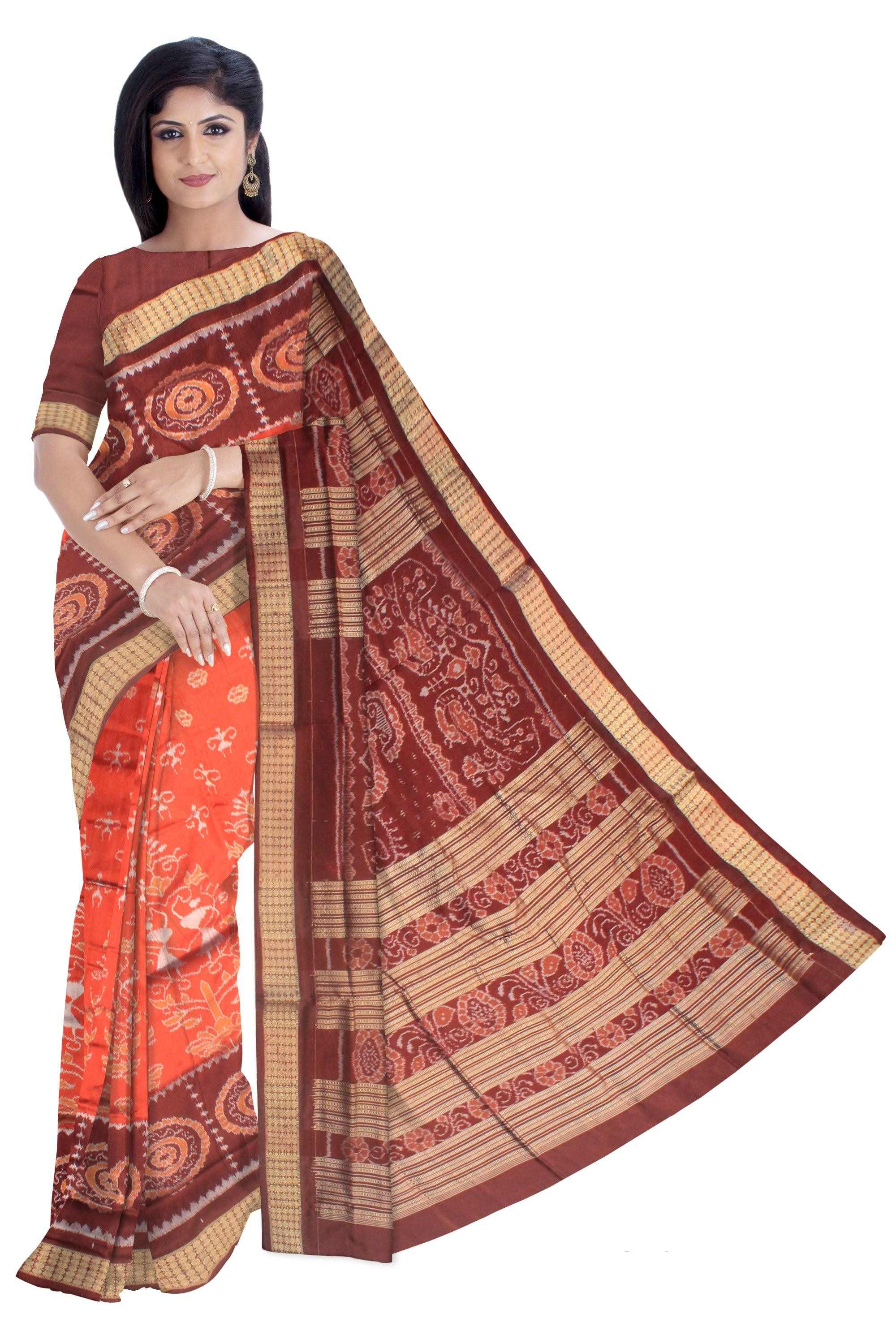 ORANGE AND COFFEE COLOR SONEPUR PURE PATA SAREE, WITH BLOUSE PIECE. - Koshali Arts & Crafts Enterprise