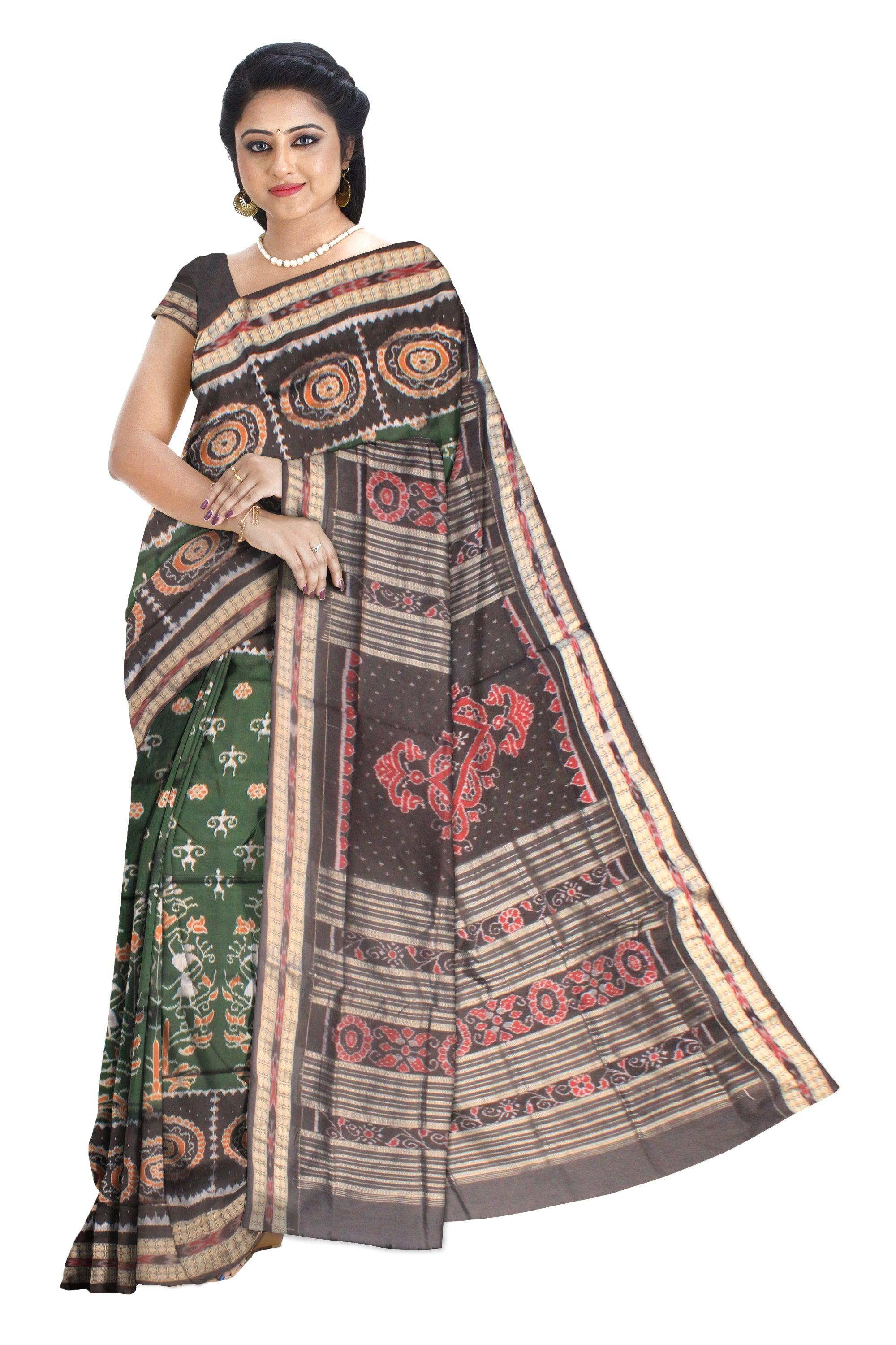 A SONEPUR PURE SILK PATA SAREE IN PERSIAN GREEN AND BLACK COLOR, WITH BLOUSE PIECE. - Koshali Arts & Crafts Enterprise