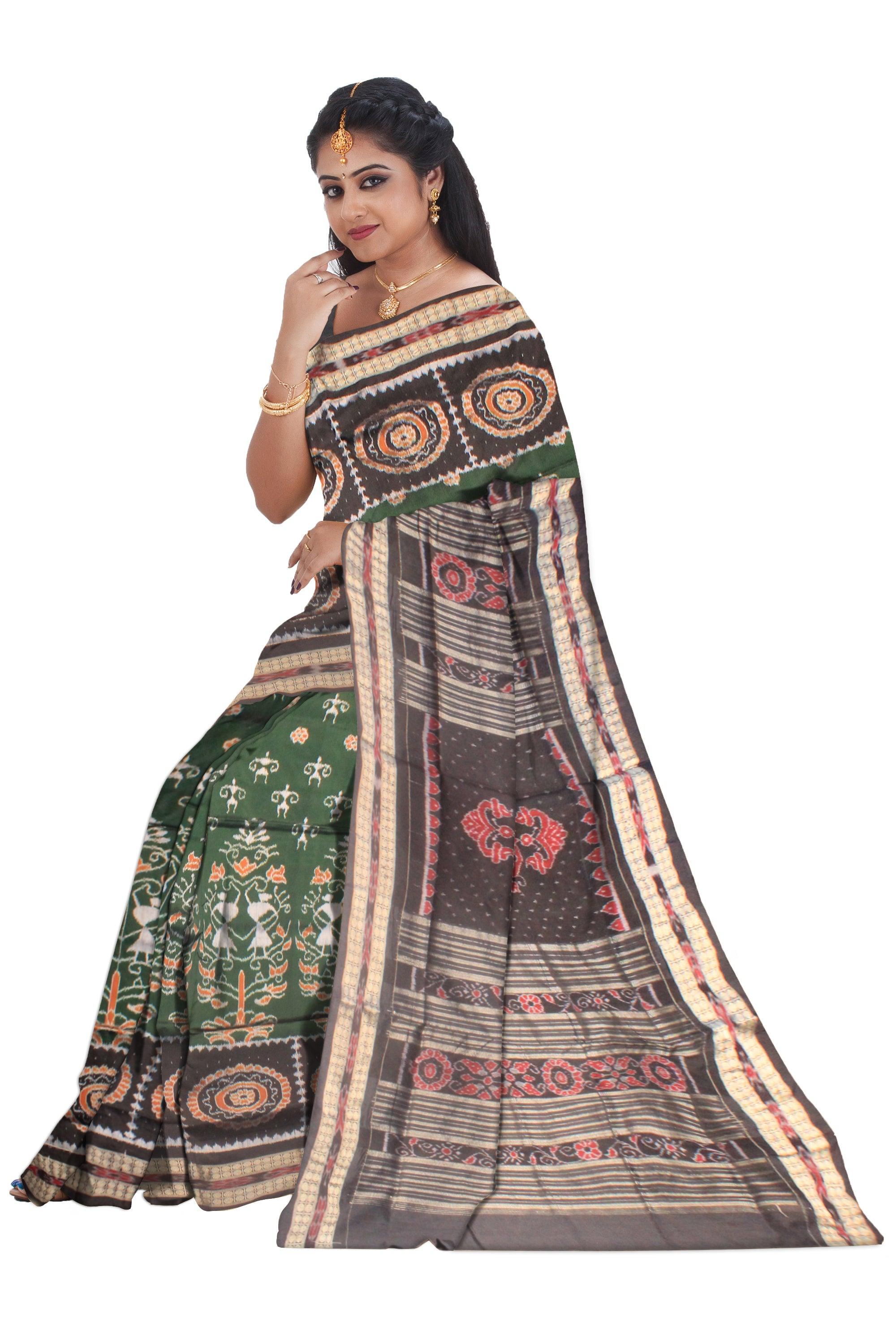 A SONEPUR PURE SILK PATA SAREE IN PERSIAN GREEN AND BLACK COLOR, WITH BLOUSE PIECE. - Koshali Arts & Crafts Enterprise