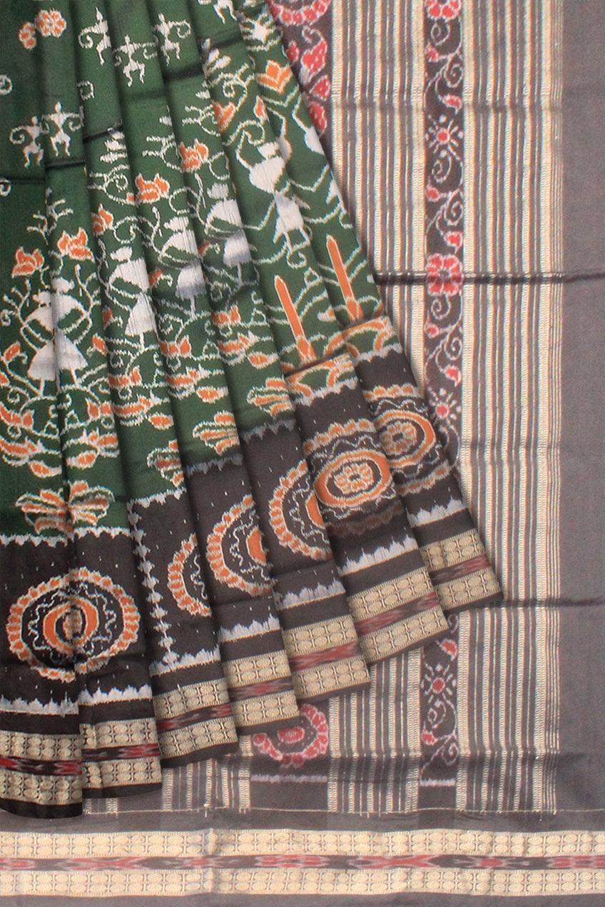 A SONEPUR PURE SILK PATA SAREE IN PERSIAN GREEN AND BLACK COLOR, WITH BLOUSE PIECE. - Koshali Arts & Crafts Enterprise