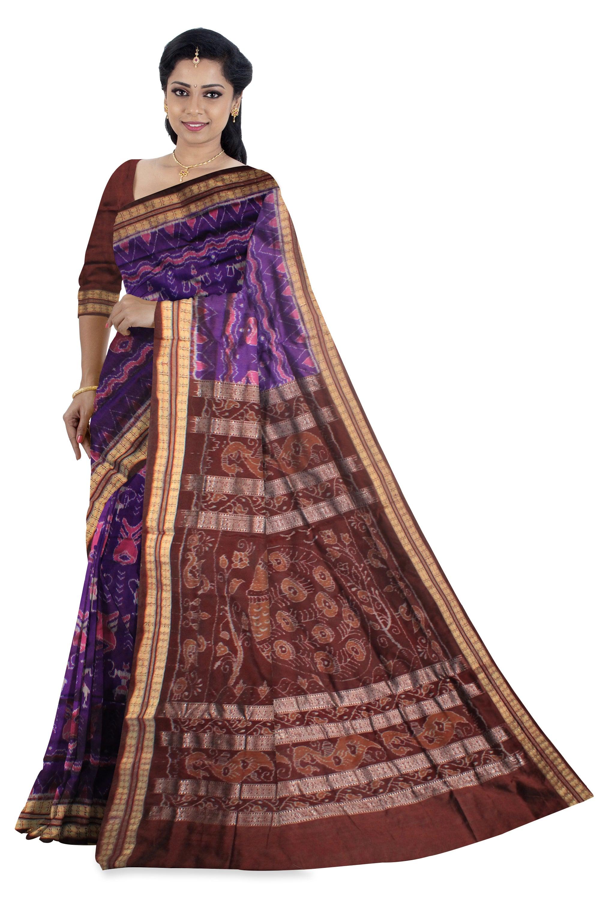 PURPLE AND COFFEE COLOR SONEPUR PURE SILK PATA SAREE , ATTACHED WITH BLOUSE PIECE. - Koshali Arts & Crafts Enterprise