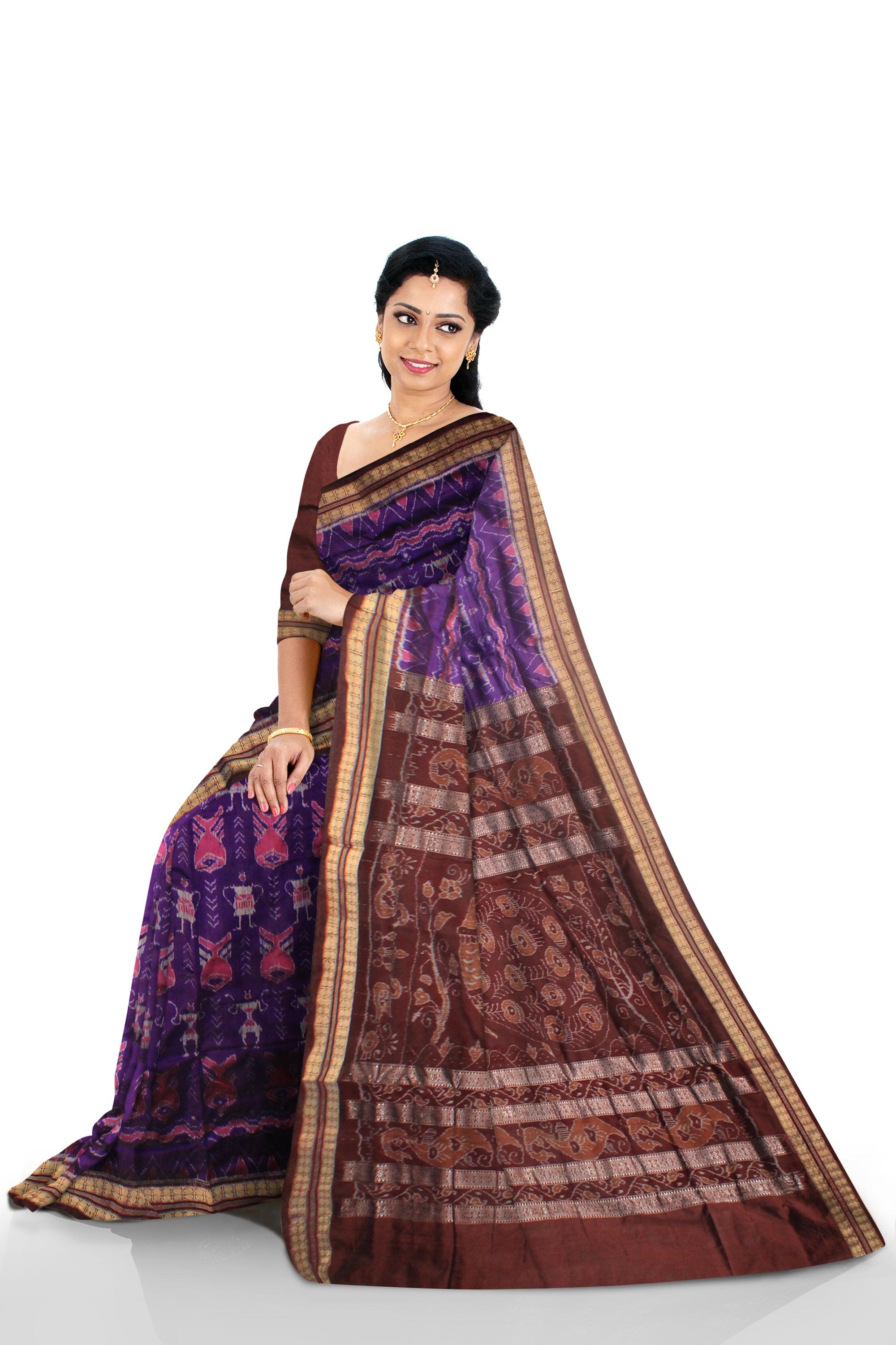 PURPLE AND COFFEE COLOR SONEPUR PURE SILK PATA SAREE , ATTACHED WITH BLOUSE PIECE. - Koshali Arts & Crafts Enterprise