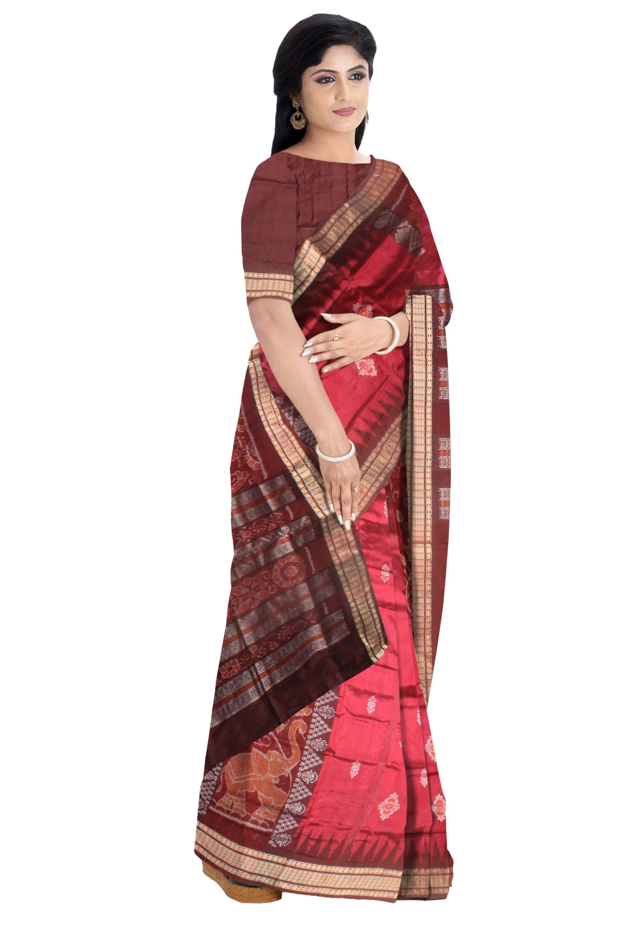 NEW DESIGN  BANDHA SAREE IN ELEPHANT PATTERN,  WITH PINK AND COFFEE COLOR. WITH BLOUSE PIECE. - Koshali Arts & Crafts Enterprise