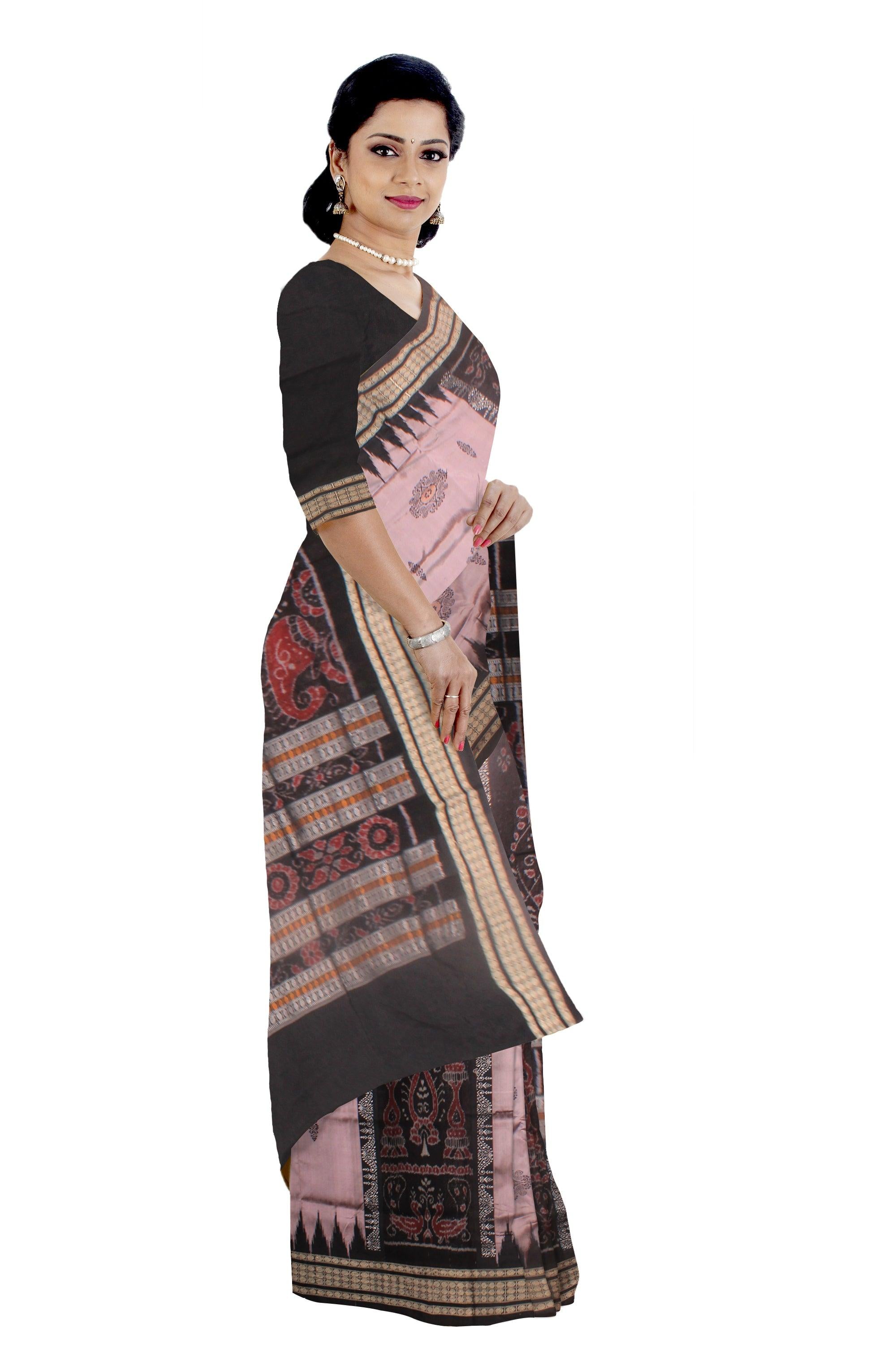 PALEPINK AND BLACK COLOR PATLI SAREE , BORDER IS GOLDEN RUDRAKSHYA PATTERN, ATTACHED WITH BLOUSE PIECE. - Koshali Arts & Crafts Enterprise