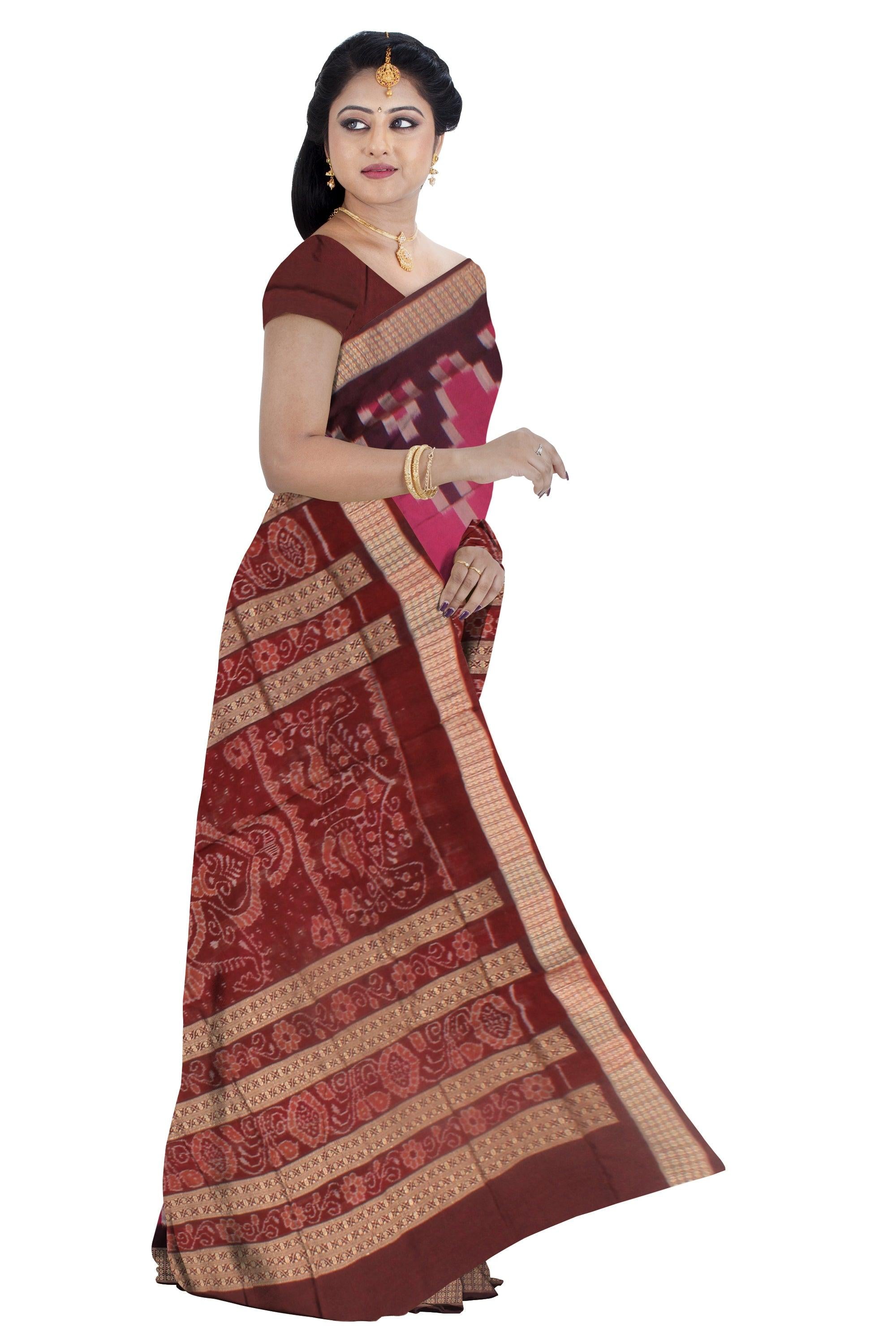 SONEPUR PATA SAREE WITH PASAPALI DESIGN IN PINK AND COFFEE WITH BLOUSE PIECE. - Koshali Arts & Crafts Enterprise