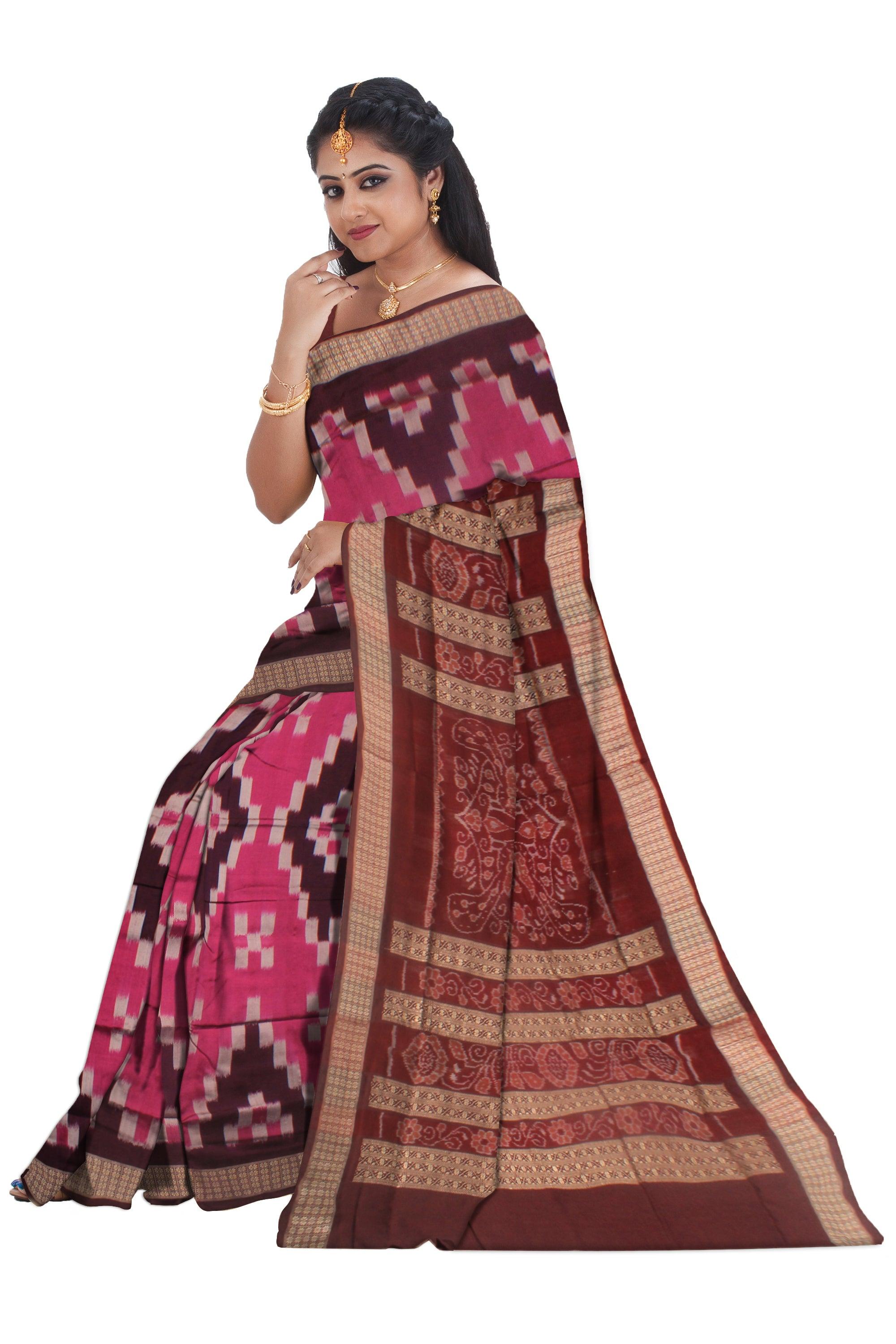 SONEPUR PATA SAREE WITH PASAPALI DESIGN IN PINK AND COFFEE WITH BLOUSE PIECE. - Koshali Arts & Crafts Enterprise