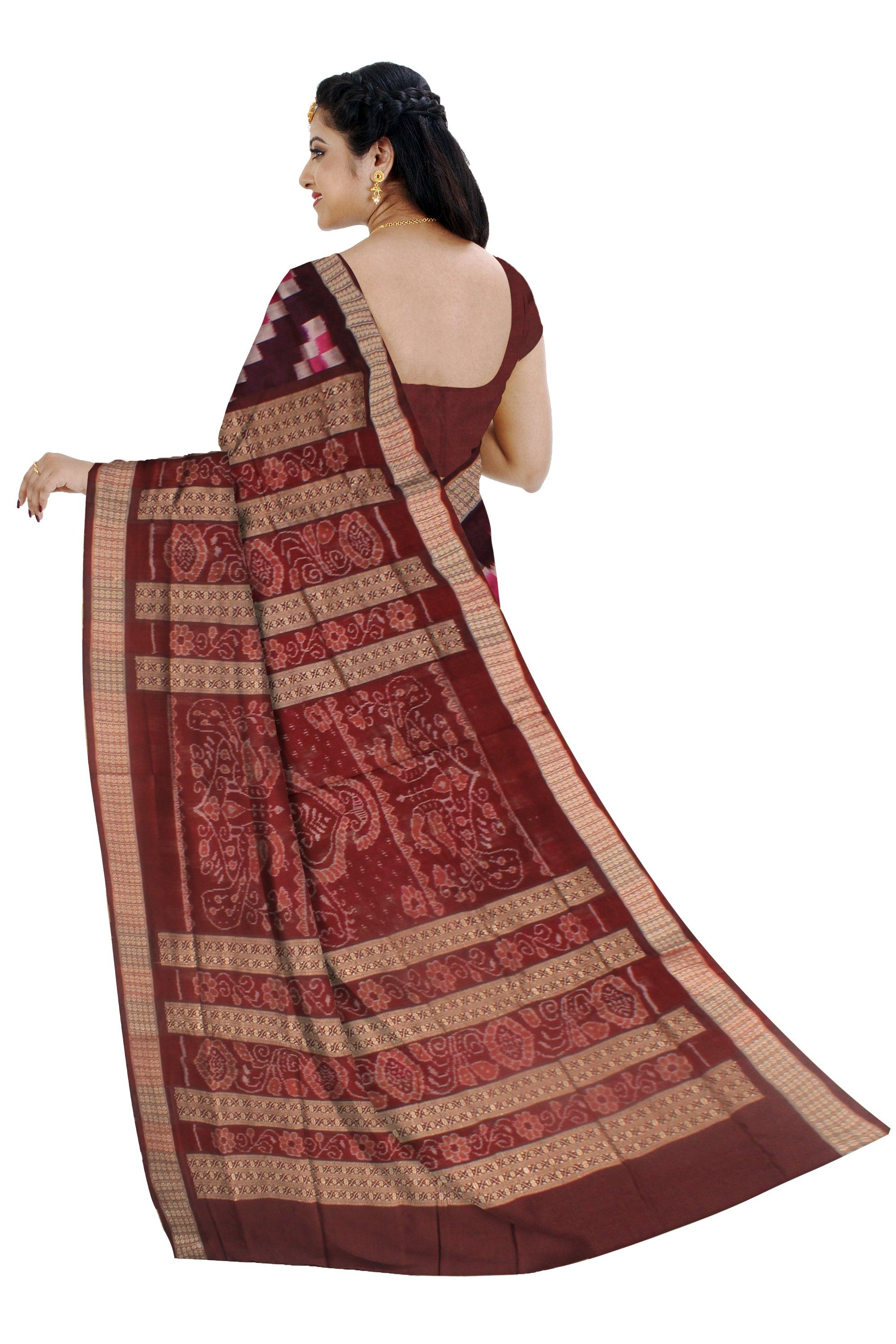 SONEPUR PATA SAREE WITH PASAPALI DESIGN IN PINK AND COFFEE WITH BLOUSE PIECE. - Koshali Arts & Crafts Enterprise