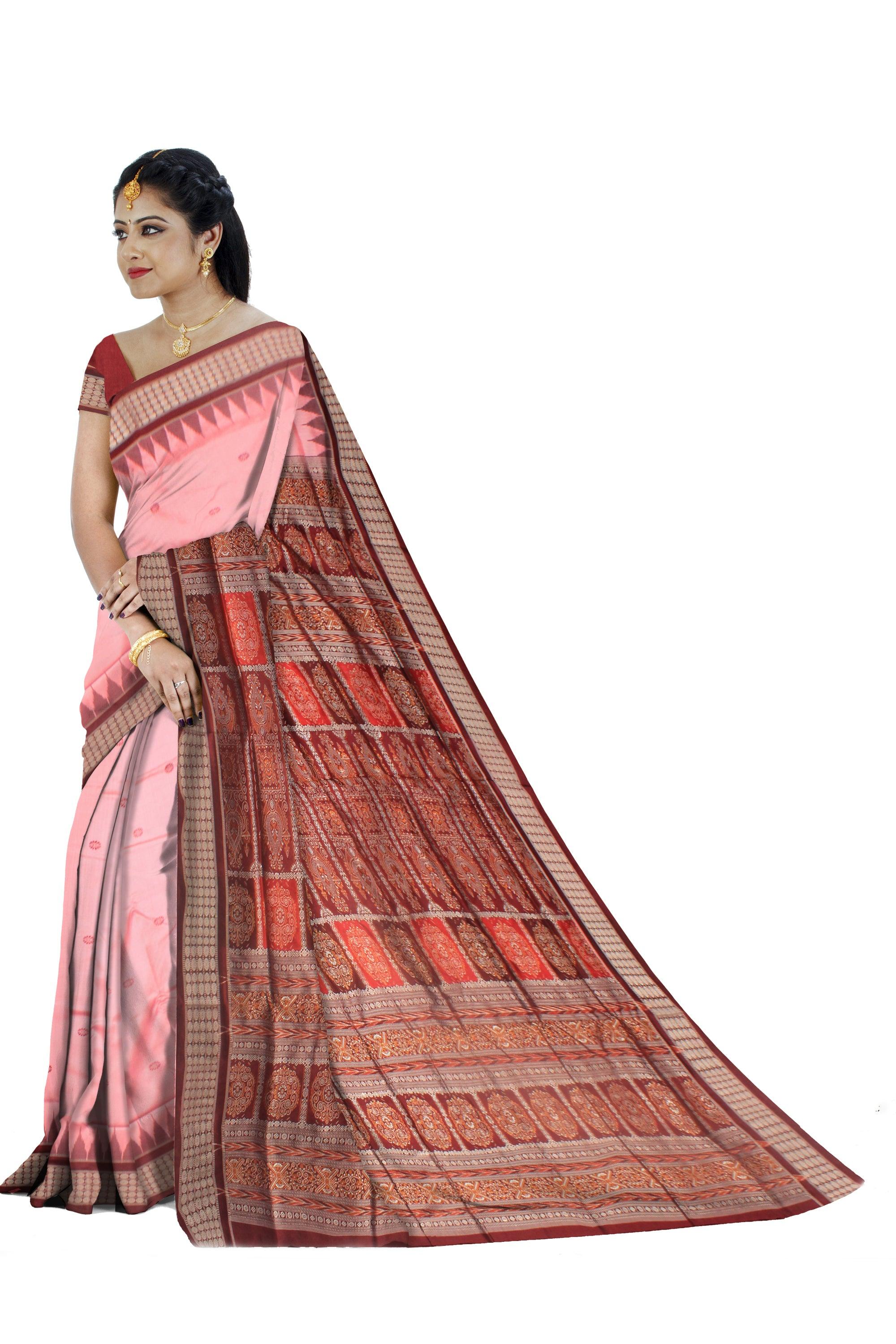 BABY PINK AND MAROON COLOR BOOTY PATTERN PATA SAREE , ATTACHED WITH BLOUSE PIECE. - Koshali Arts & Crafts Enterprise