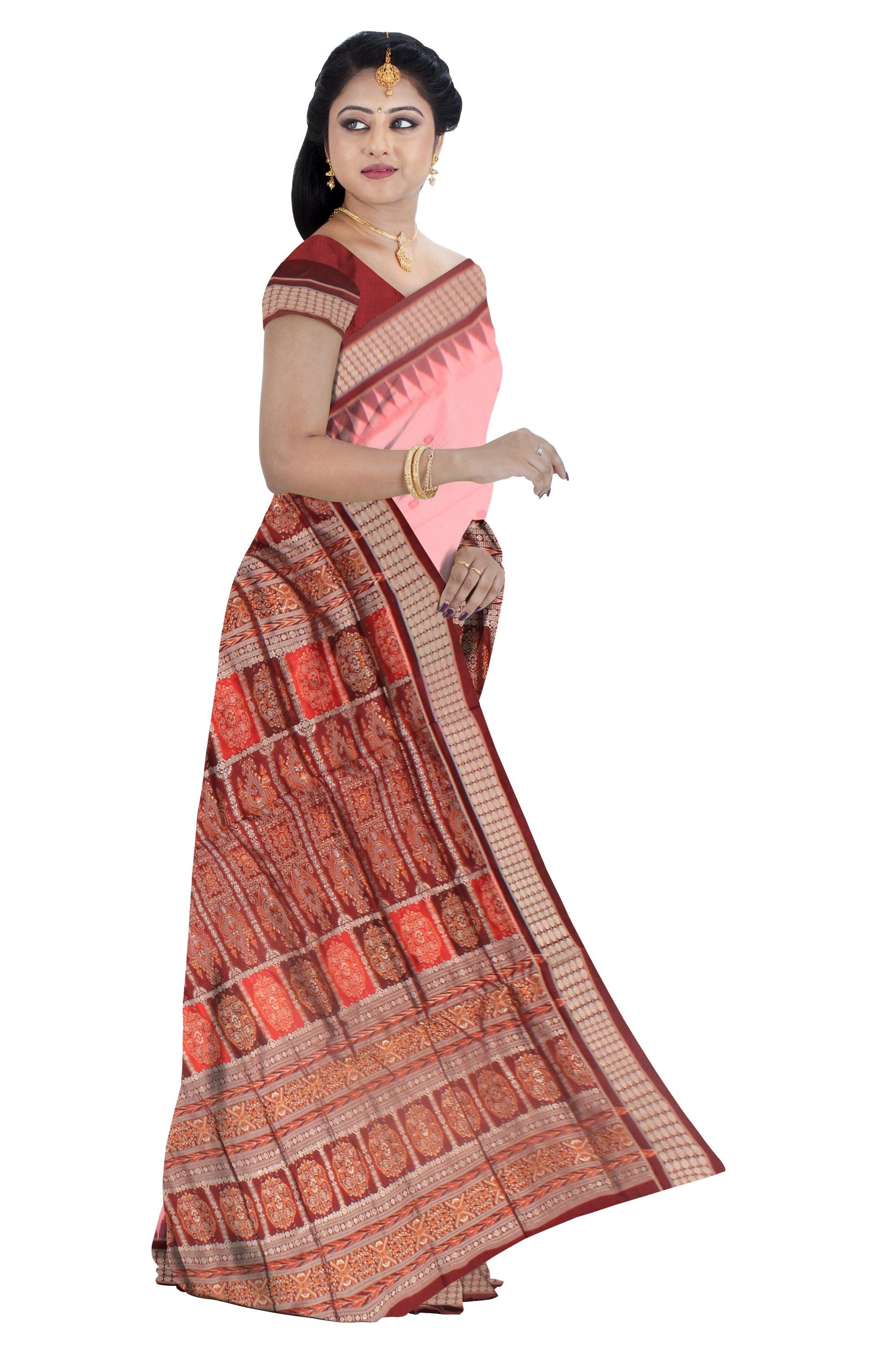 BABY PINK AND MAROON COLOR BOOTY PATTERN PATA SAREE , ATTACHED WITH BLOUSE PIECE. - Koshali Arts & Crafts Enterprise