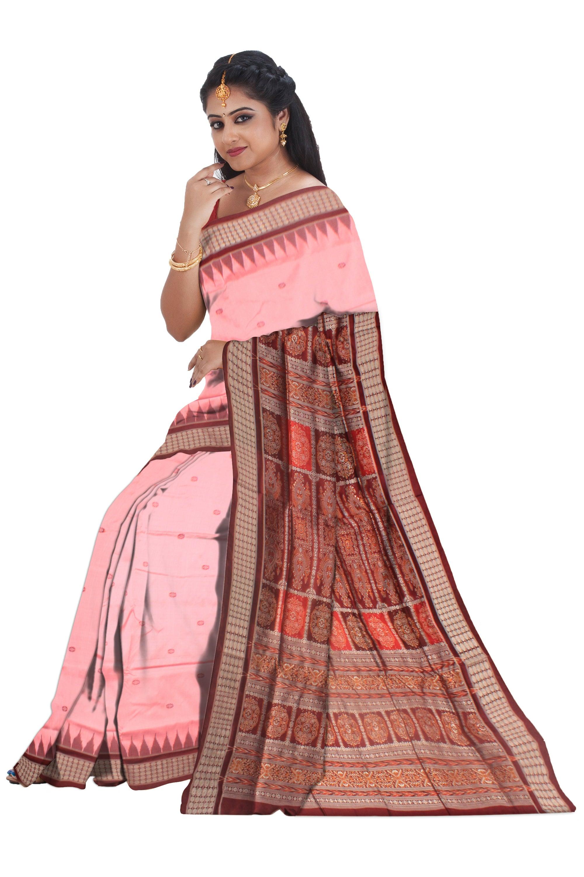 BABY PINK AND MAROON COLOR BOOTY PATTERN PATA SAREE , ATTACHED WITH BLOUSE PIECE. - Koshali Arts & Crafts Enterprise