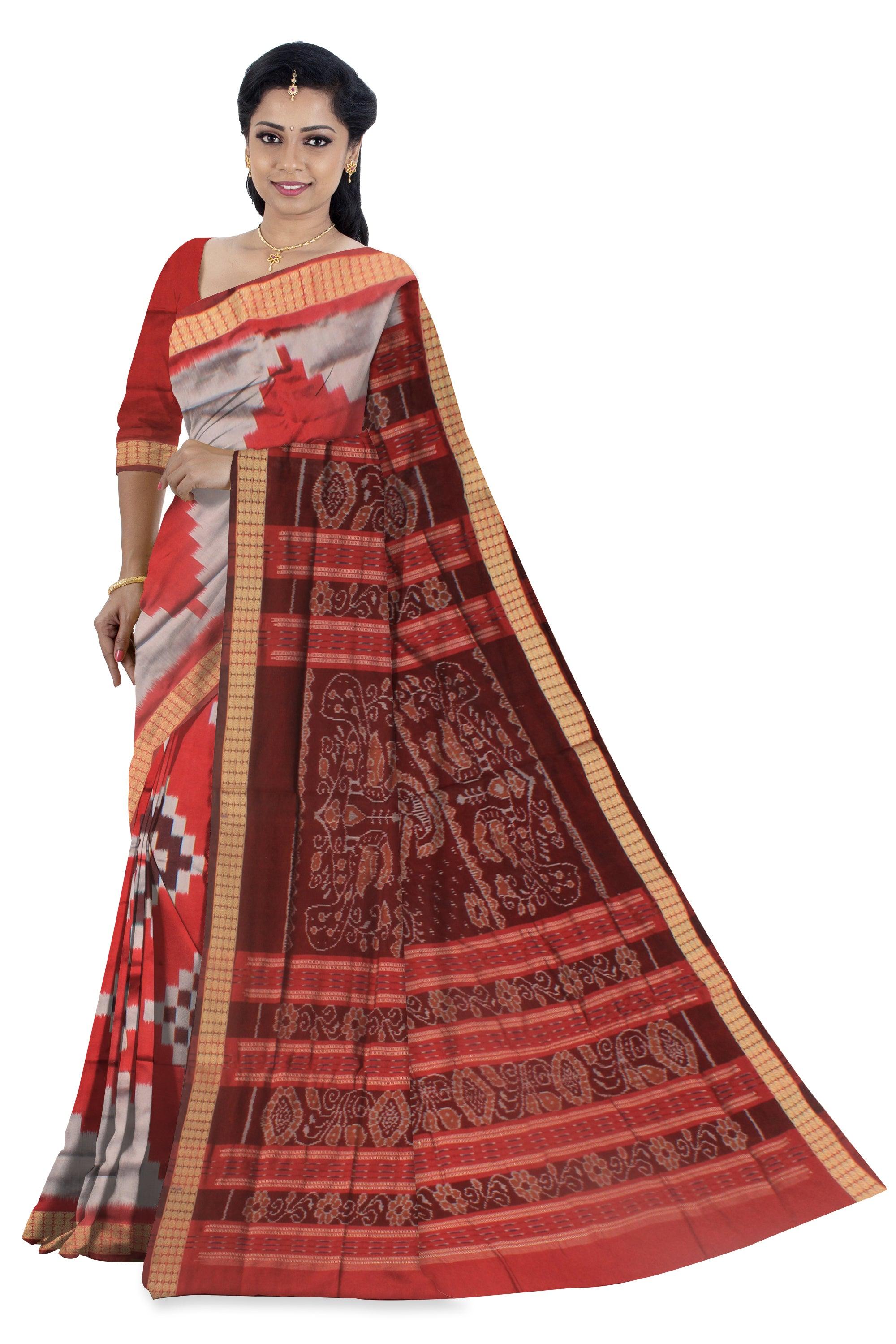 GREY, RED AND MAROON MIX PASAPALI PATA SAREE, WITH BLOUSE PIECE. - Koshali Arts & Crafts Enterprise