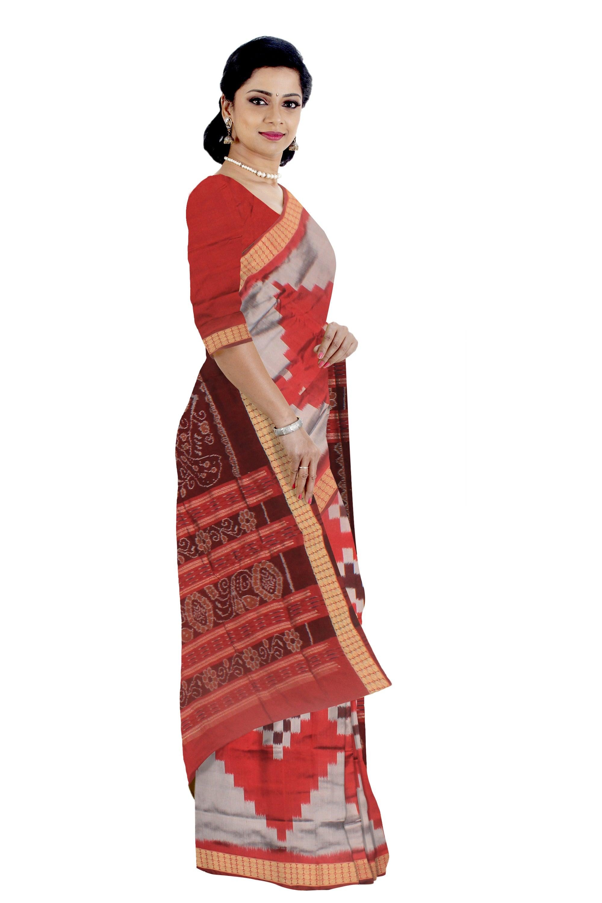 GREY, RED AND MAROON MIX PASAPALI PATA SAREE, WITH BLOUSE PIECE. - Koshali Arts & Crafts Enterprise