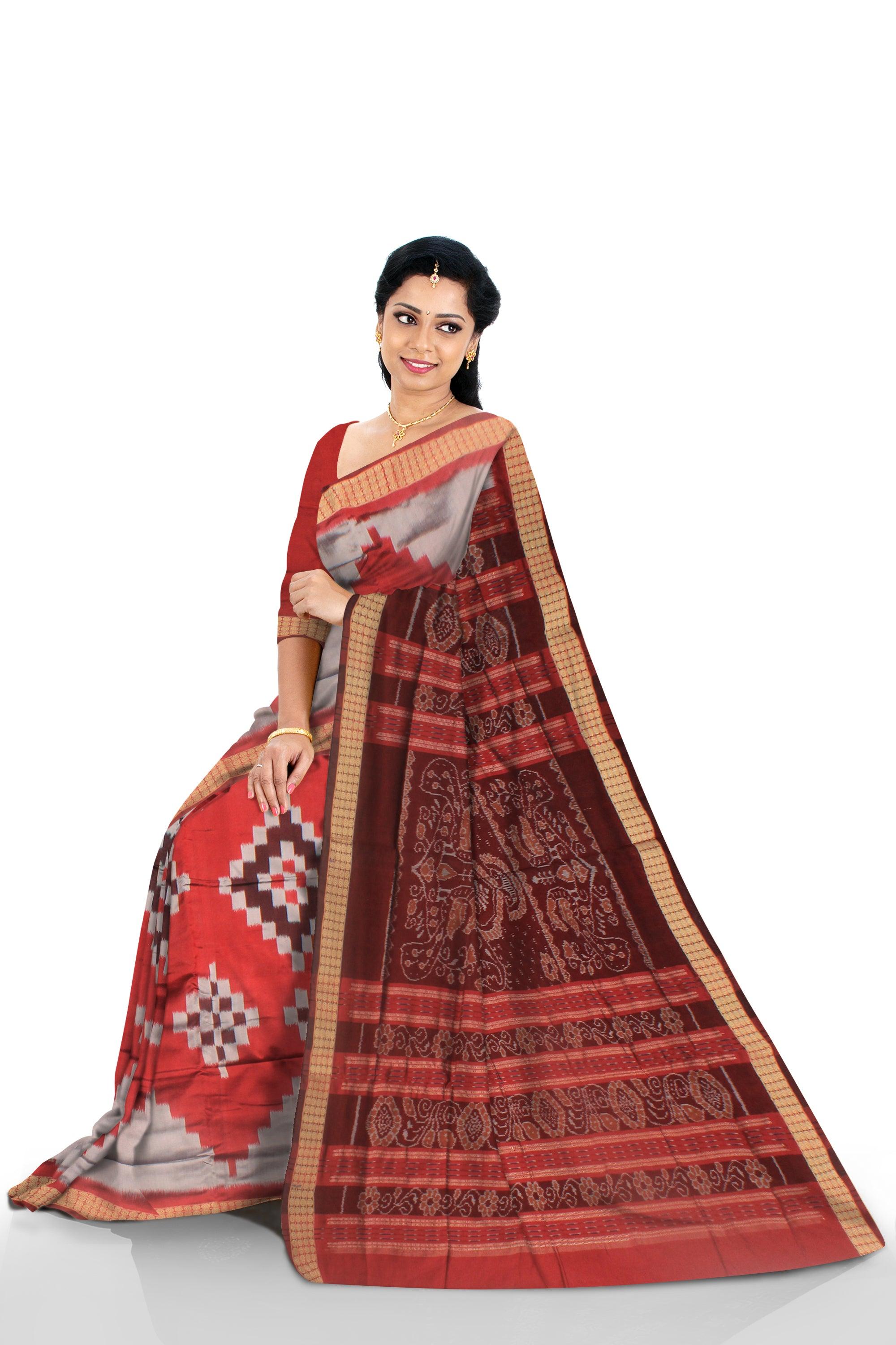 GREY, RED AND MAROON MIX PASAPALI PATA SAREE, WITH BLOUSE PIECE. - Koshali Arts & Crafts Enterprise