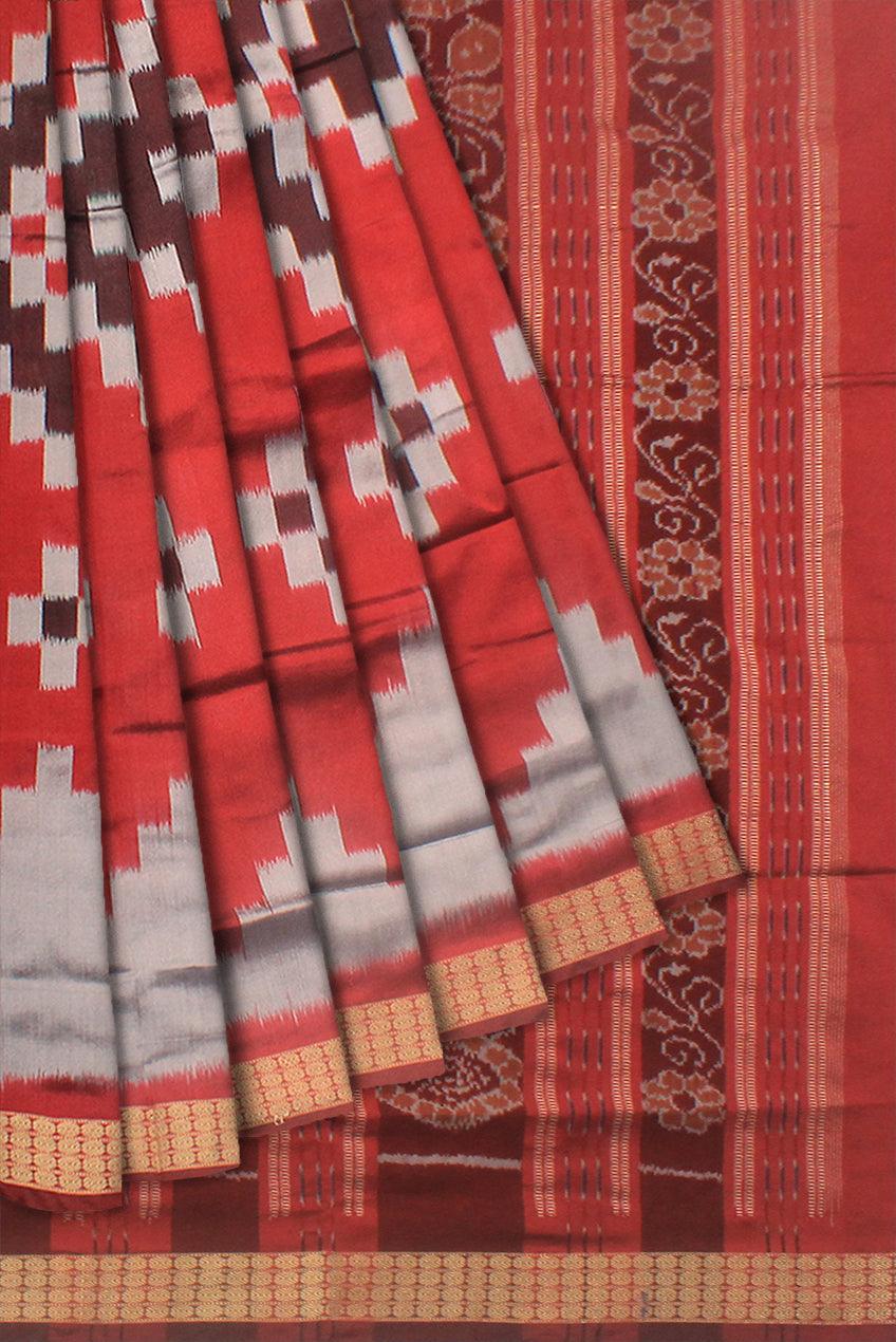 GREY, RED AND MAROON MIX PASAPALI PATA SAREE, WITH BLOUSE PIECE. - Koshali Arts & Crafts Enterprise