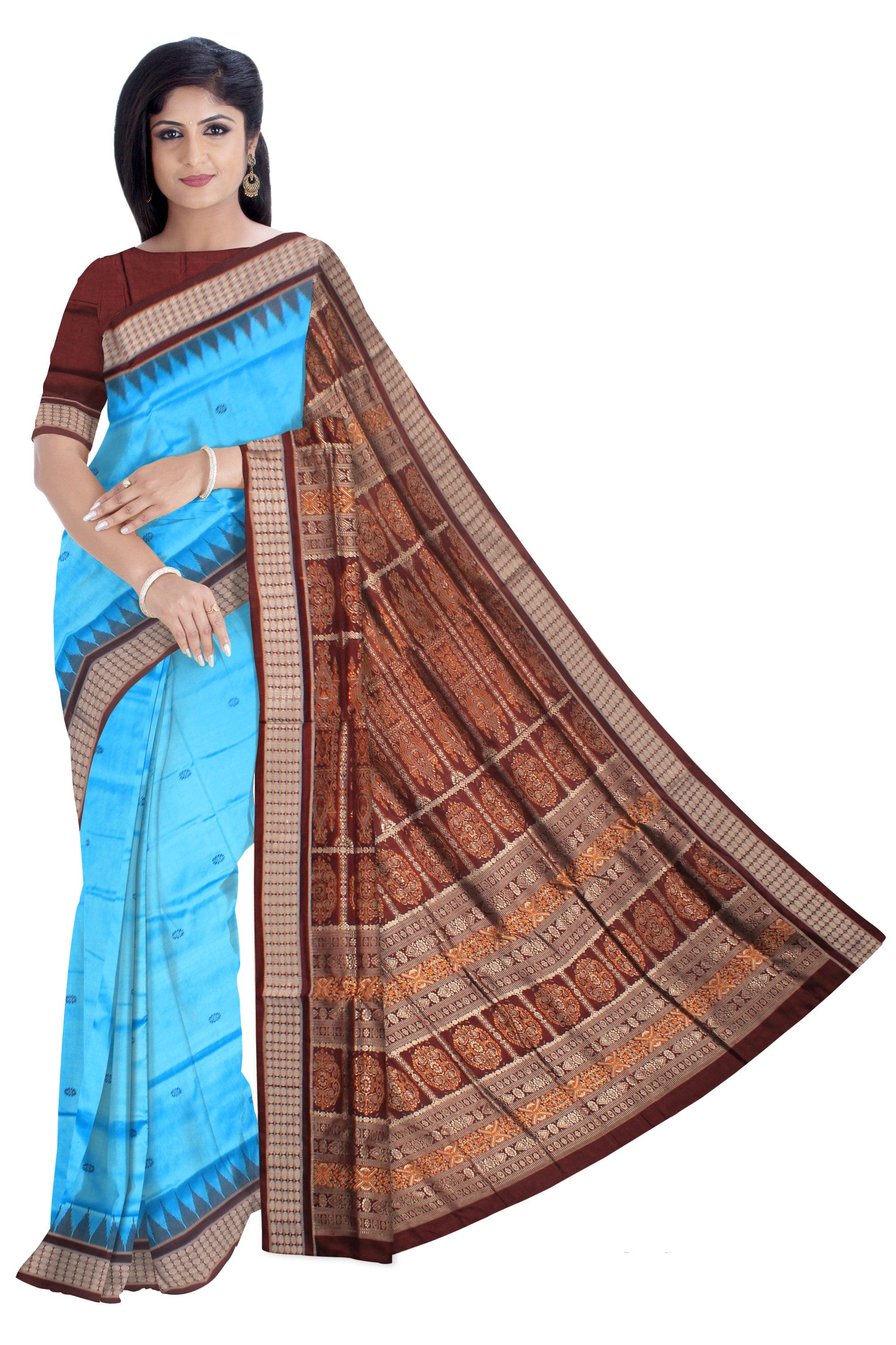 SKY AND COFFEE COLOR BOOTY PATTERN SONEPUR PATA SAREE, WITH BLOUSE PIECE. - Koshali Arts & Crafts Enterprise