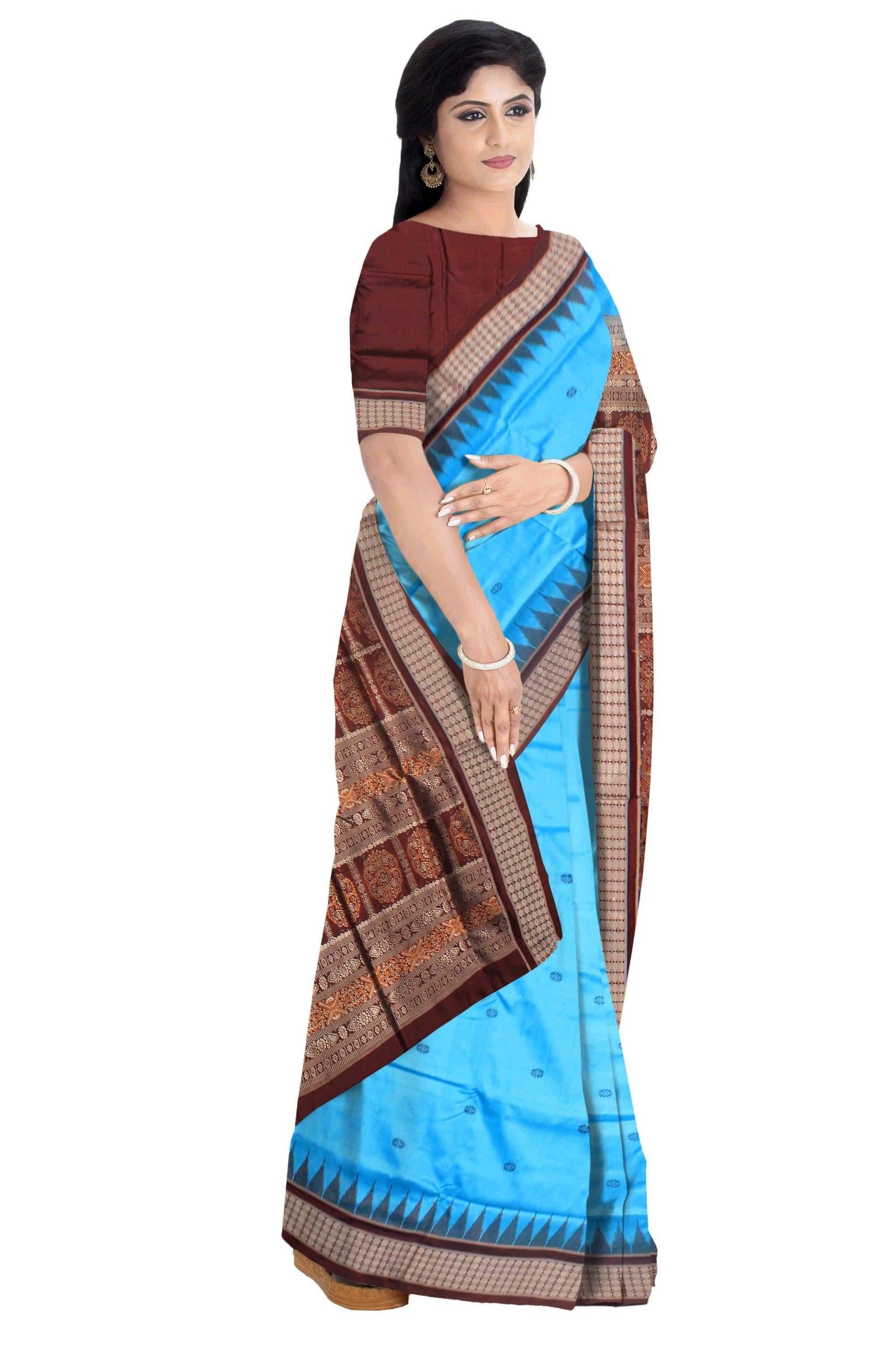 SKY AND COFFEE COLOR BOOTY PATTERN SONEPUR PATA SAREE, WITH BLOUSE PIECE. - Koshali Arts & Crafts Enterprise