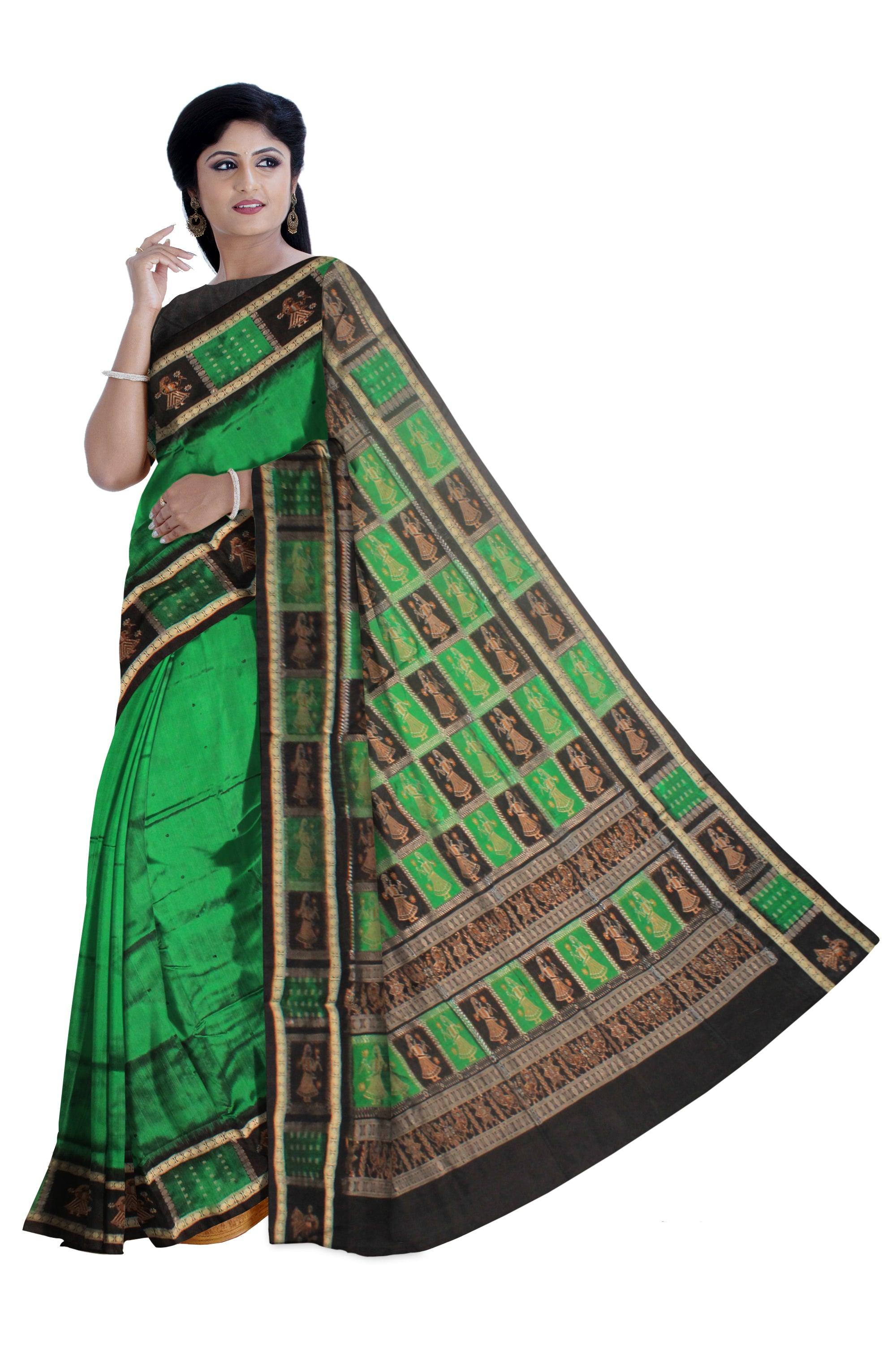 DEEP GREEN AND BLACK COLOR  PALLU DOLL PRINT PATA SAREE , WITH BLOUSE PIECE. - Koshali Arts & Crafts Enterprise