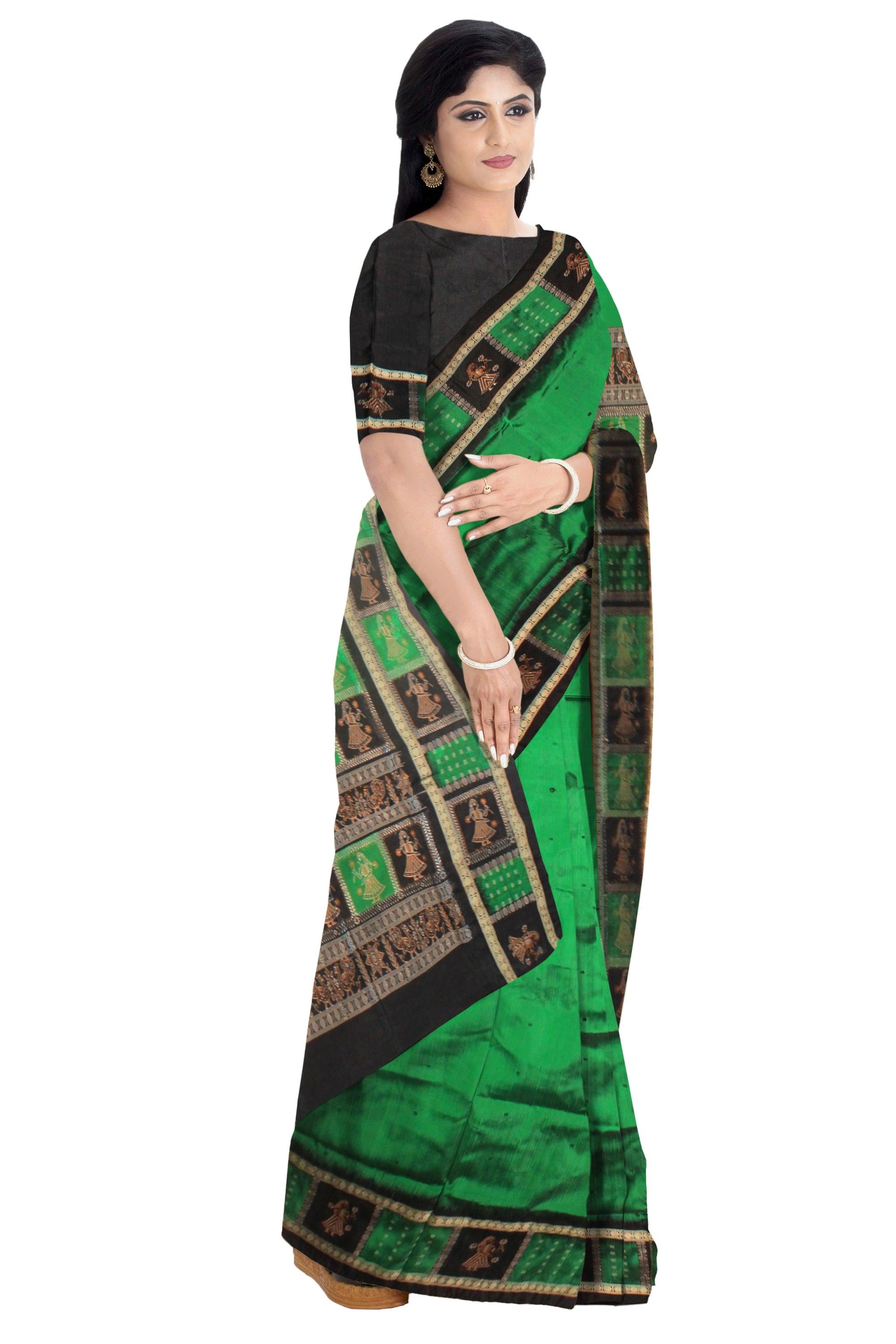 DEEP GREEN AND BLACK COLOR  PALLU DOLL PRINT PATA SAREE , WITH BLOUSE PIECE. - Koshali Arts & Crafts Enterprise