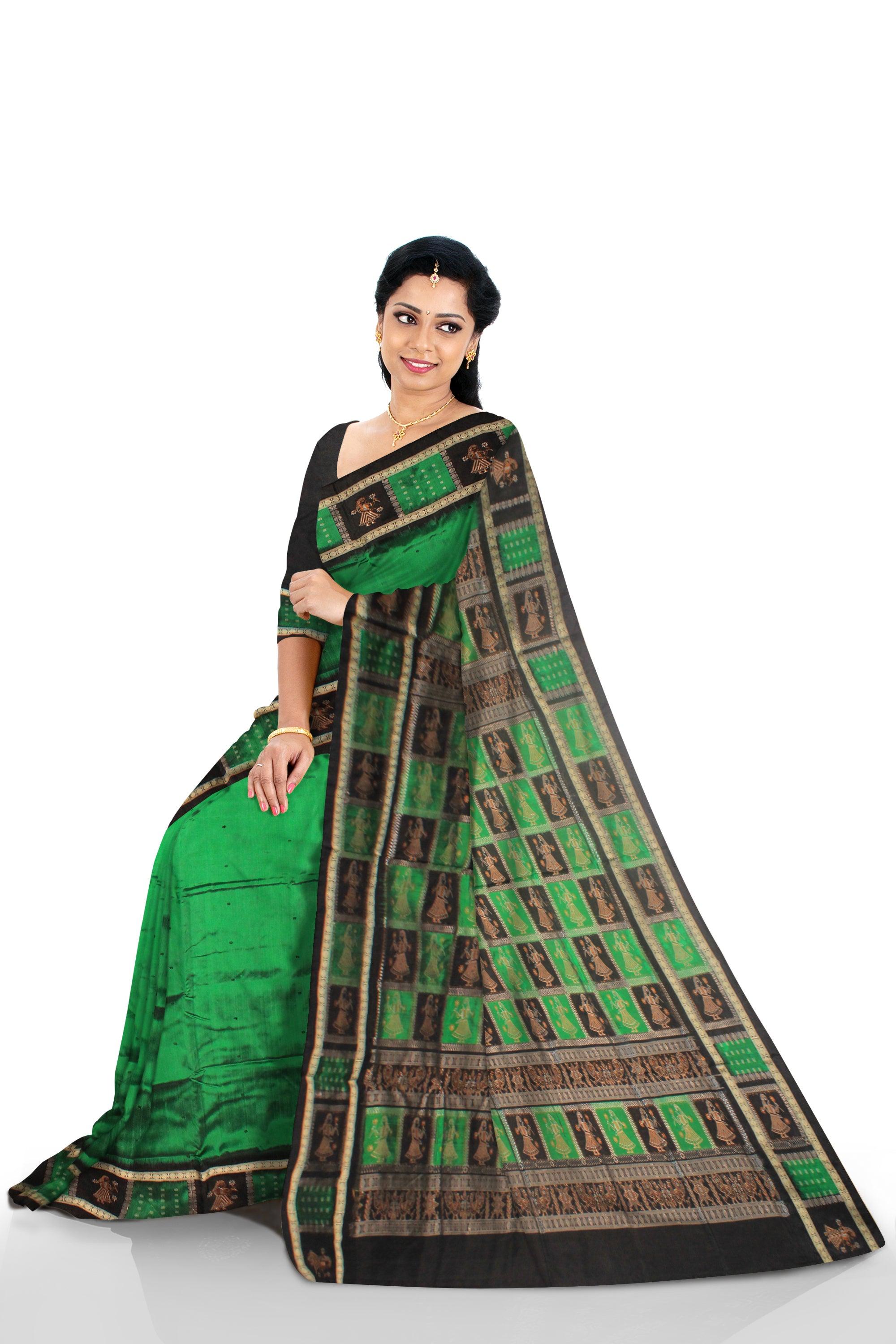 DEEP GREEN AND BLACK COLOR  PALLU DOLL PRINT PATA SAREE , WITH BLOUSE PIECE. - Koshali Arts & Crafts Enterprise