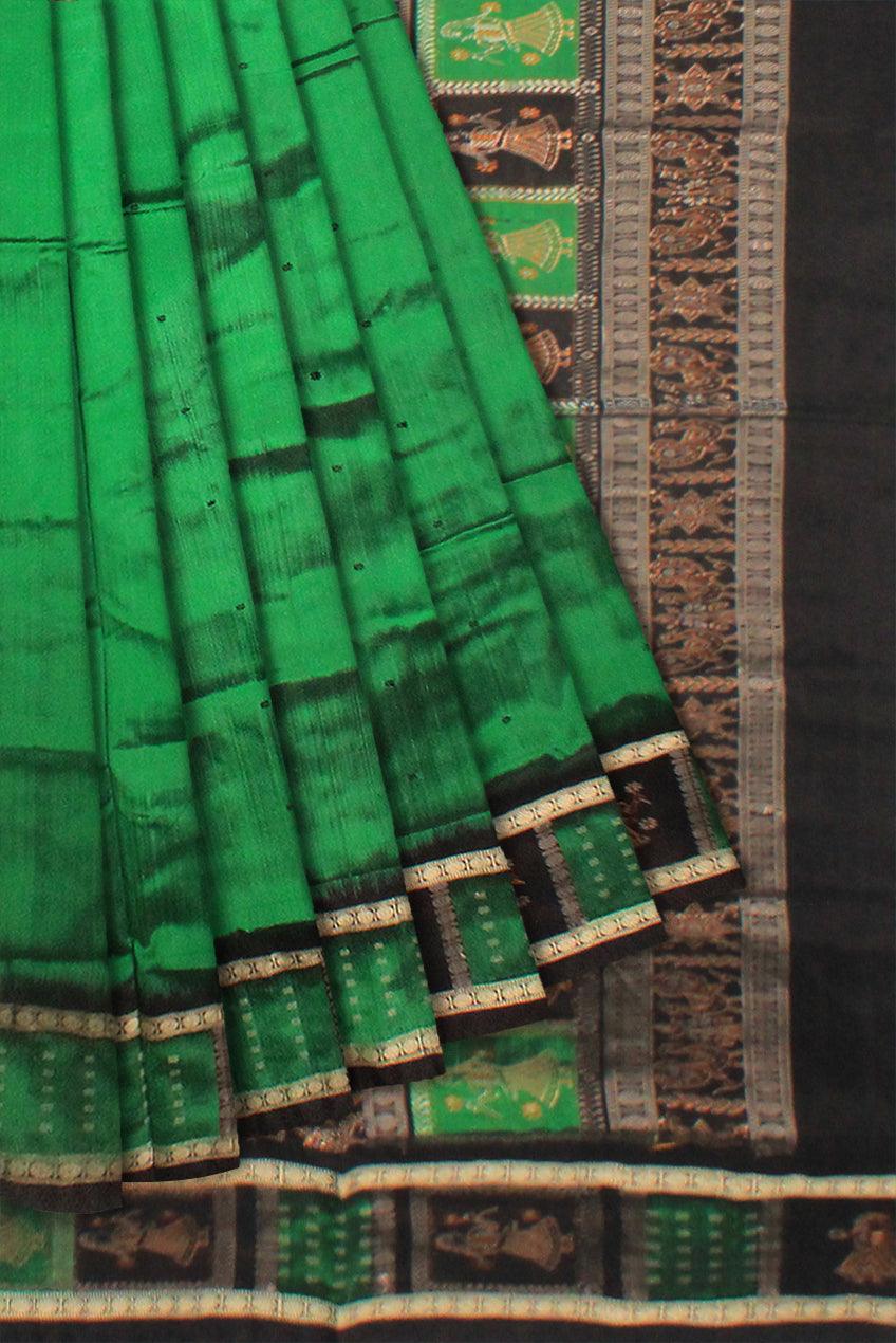 DEEP GREEN AND BLACK COLOR  PALLU DOLL PRINT PATA SAREE , WITH BLOUSE PIECE. - Koshali Arts & Crafts Enterprise