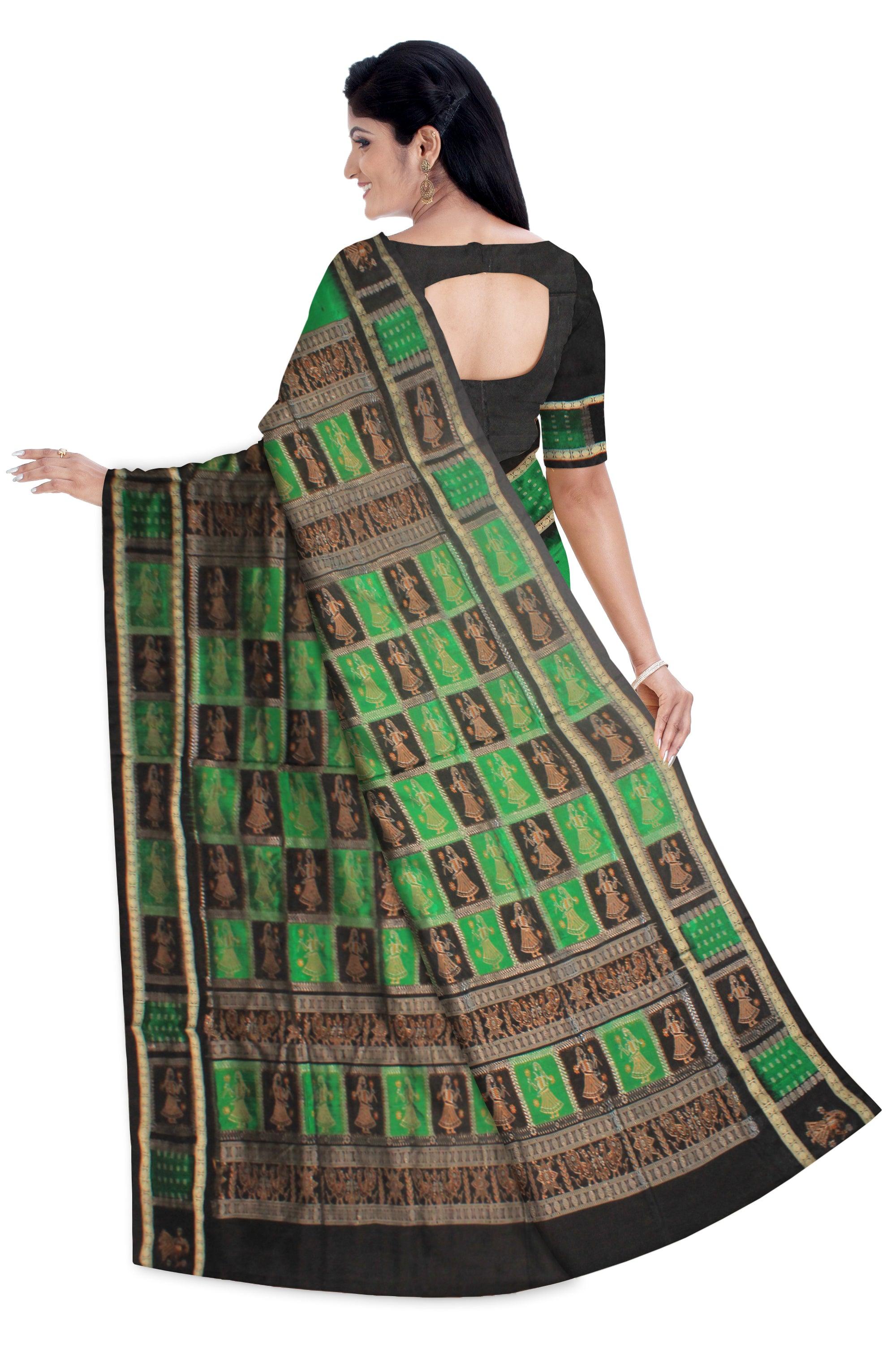 DEEP GREEN AND BLACK COLOR  PALLU DOLL PRINT PATA SAREE , WITH BLOUSE PIECE. - Koshali Arts & Crafts Enterprise