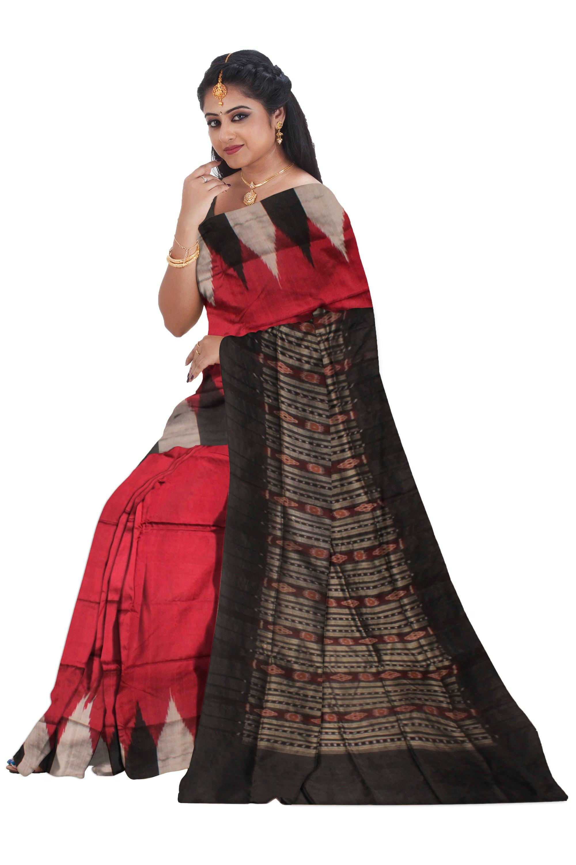 A KARGIL PATA SAREE IN RED AND BLACK COLOR , WITH BLOUSE PIECE. - Koshali Arts & Crafts Enterprise