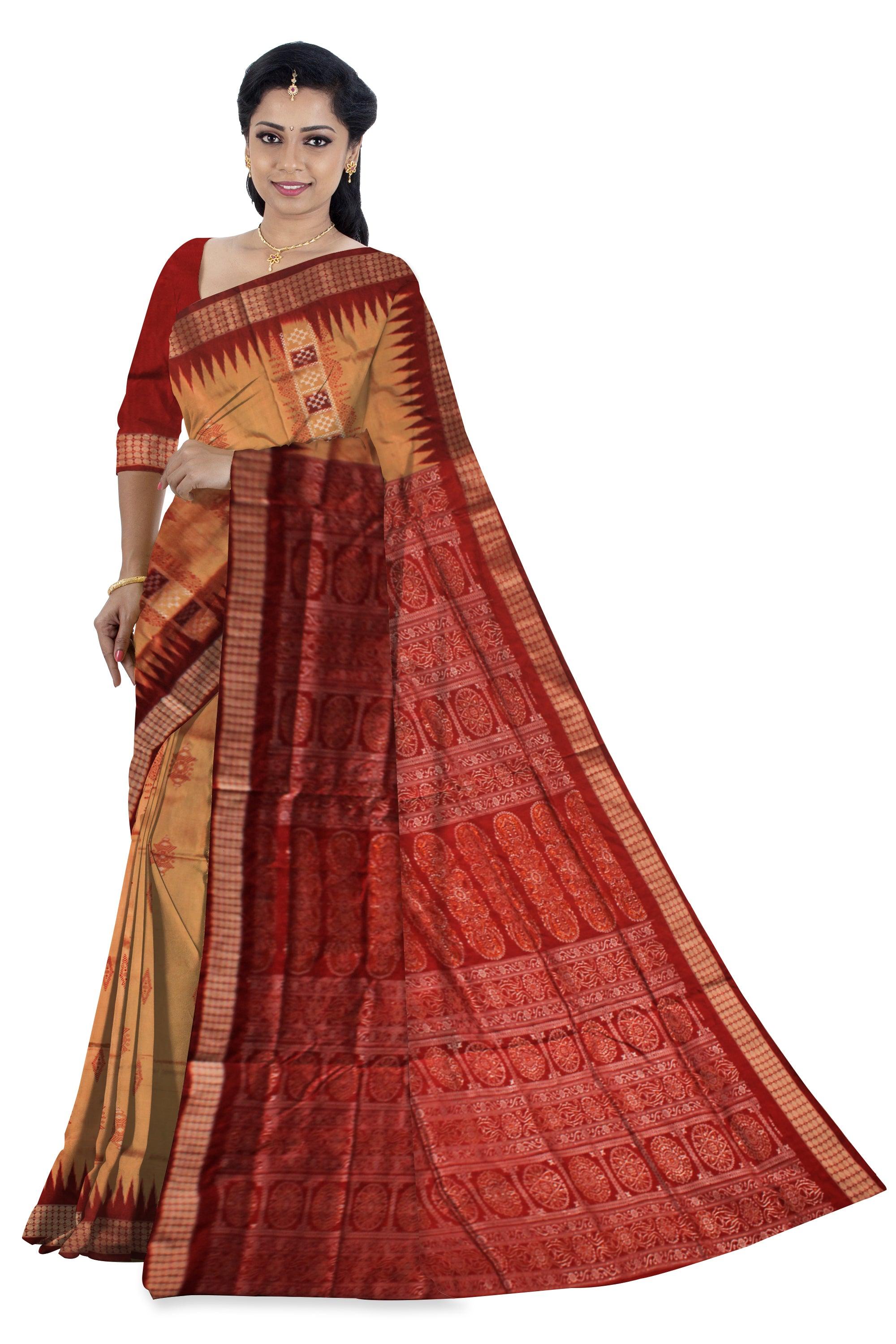 A SONEPUR PASAPALI BANDHA DESIGN PATA SAREE IN GOLDEN AND MAROON COLOR,  COMES WITH BLOUSE PIECE - Koshali Arts & Crafts Enterprise