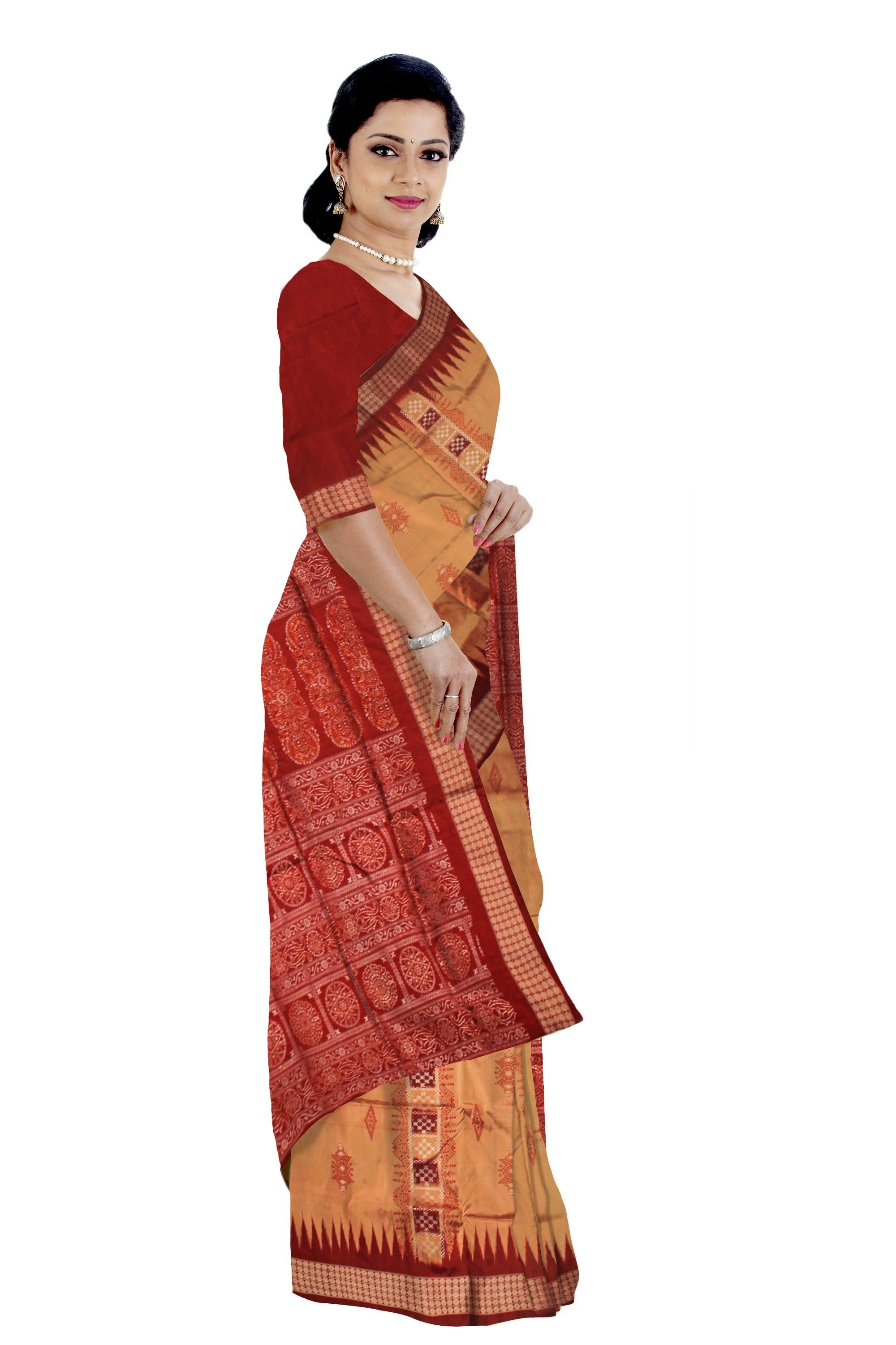 A SONEPUR PASAPALI BANDHA DESIGN PATA SAREE IN GOLDEN AND MAROON COLOR,  COMES WITH BLOUSE PIECE - Koshali Arts & Crafts Enterprise