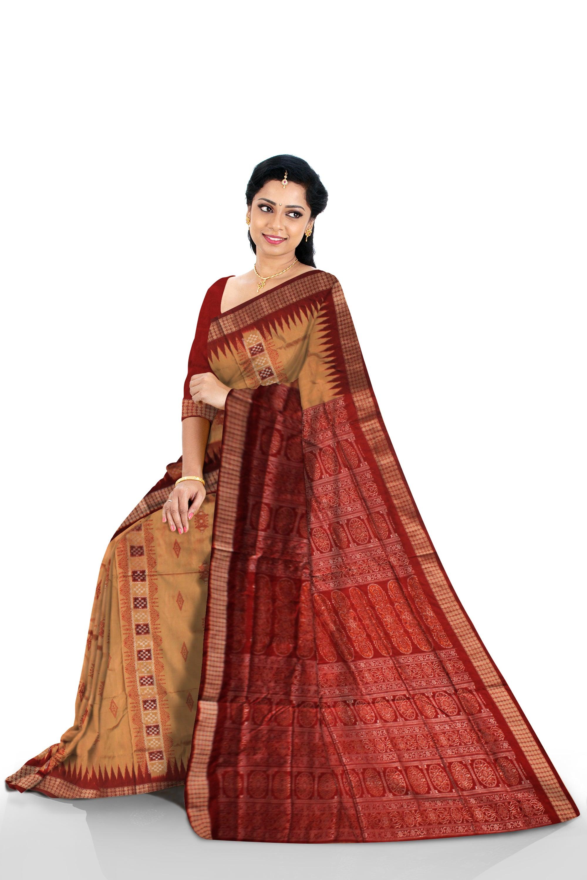 A SONEPUR PASAPALI BANDHA DESIGN PATA SAREE IN GOLDEN AND MAROON COLOR,  COMES WITH BLOUSE PIECE - Koshali Arts & Crafts Enterprise