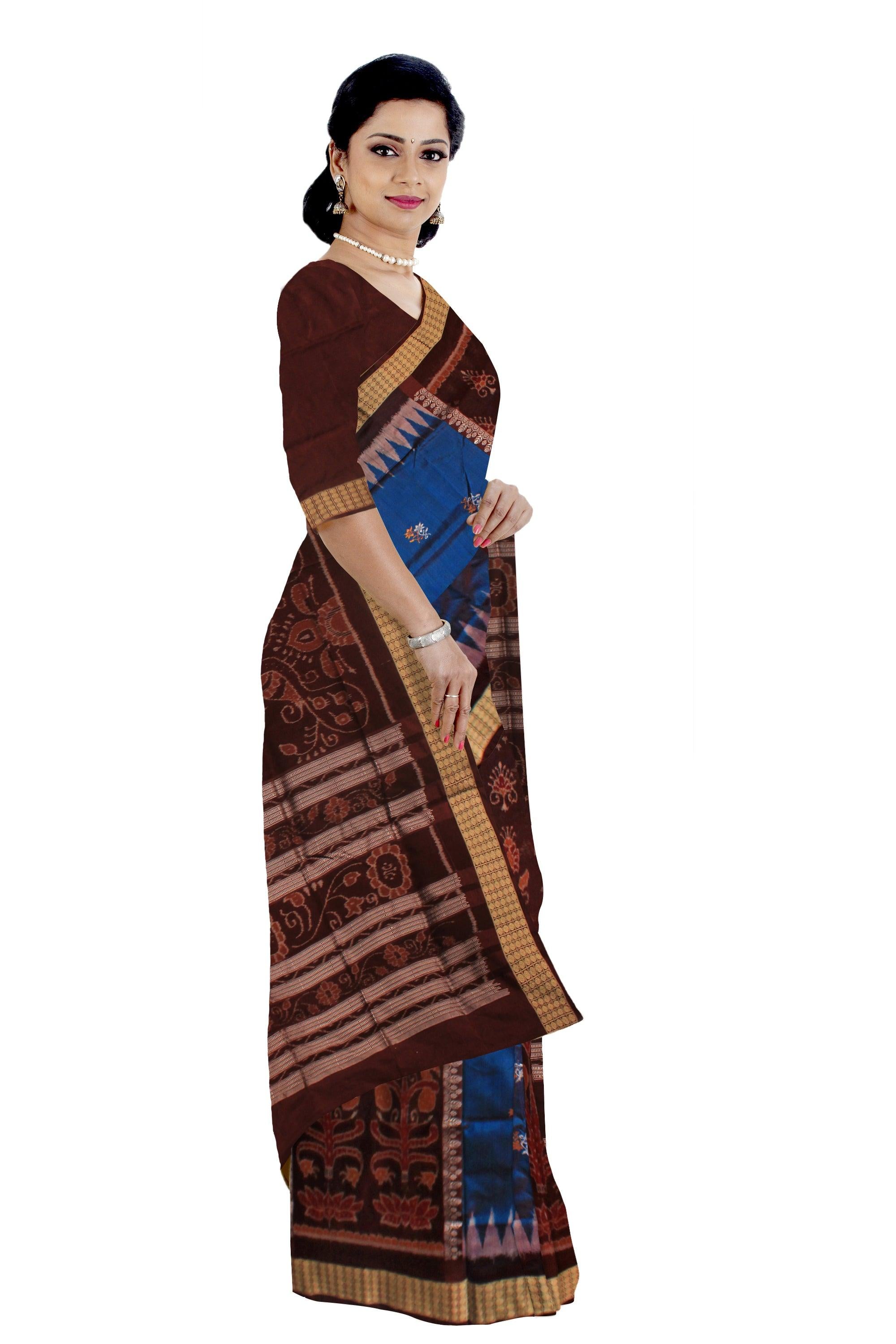 BLUE AND COFFEE COLOR BANDHA PATA SAREE IN NEW DESIGN BASE, ATTACHED WITH BLOUSE PIECE. - Koshali Arts & Crafts Enterprise