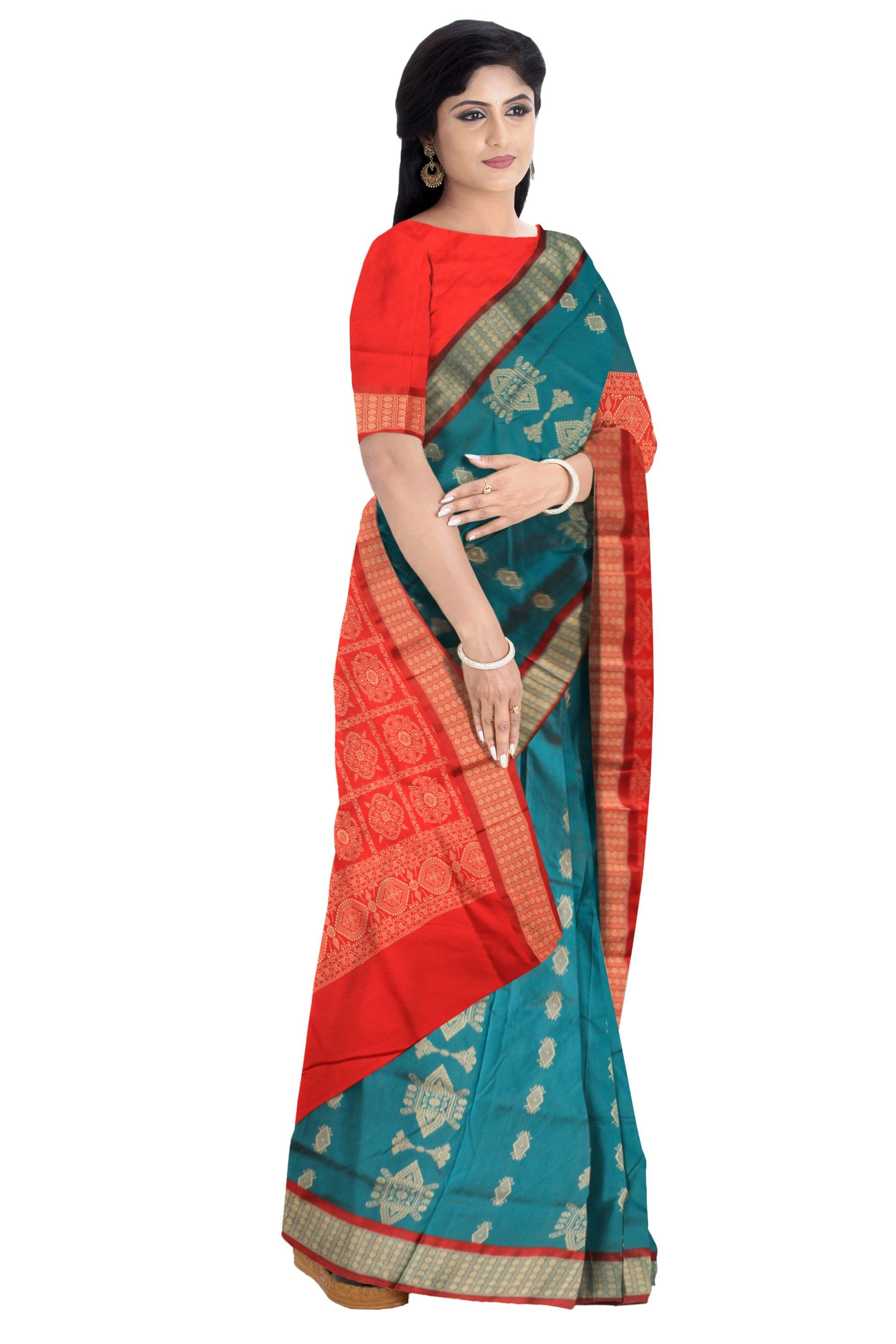 LATEST TRADITIONAL DESIGN IN  SKY(Teal) COLOUR MIX SILK SAREE, WITH BLOUSE - Koshali Arts & Crafts Enterprise