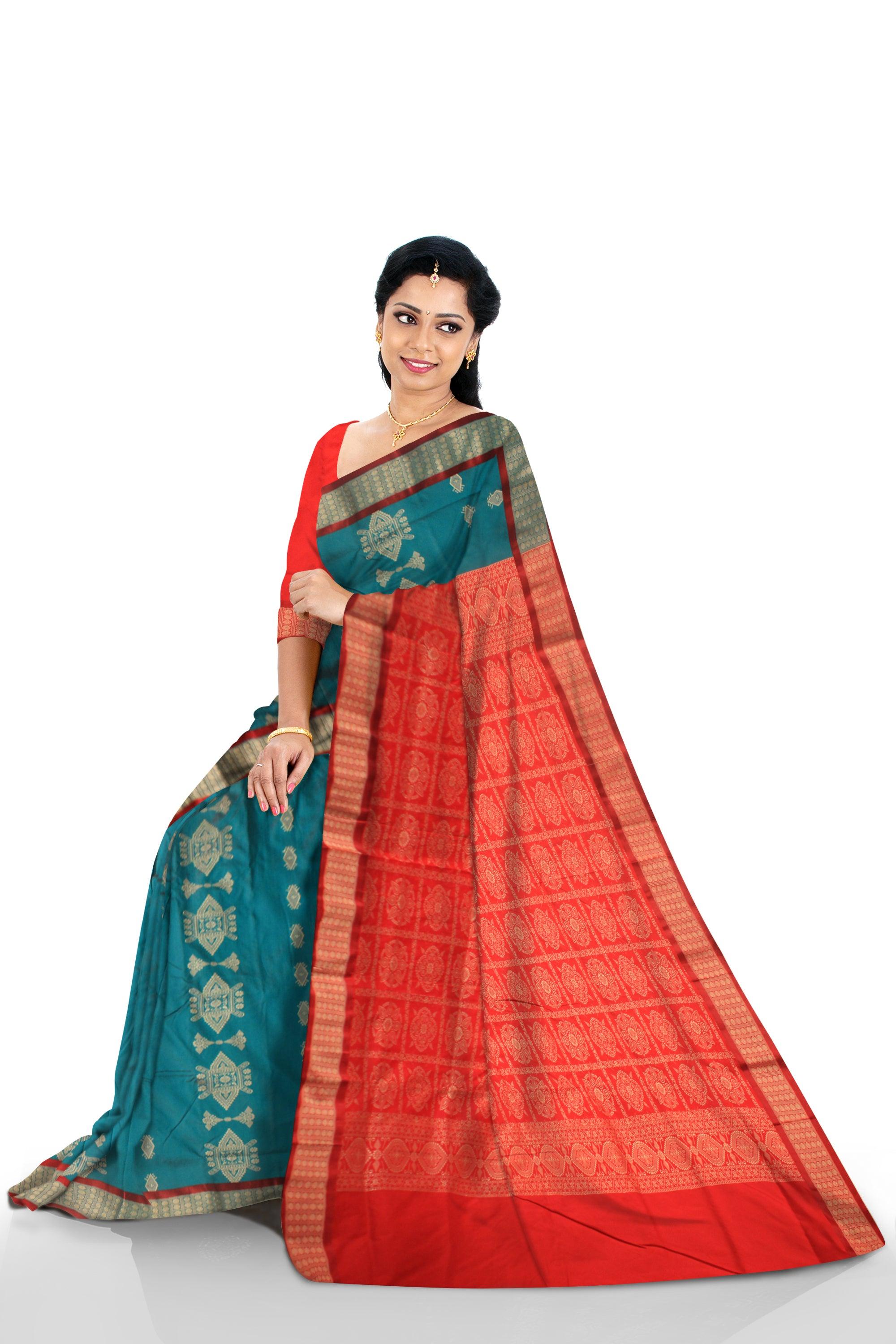 LATEST TRADITIONAL DESIGN IN  SKY(Teal) COLOUR MIX SILK SAREE, WITH BLOUSE - Koshali Arts & Crafts Enterprise