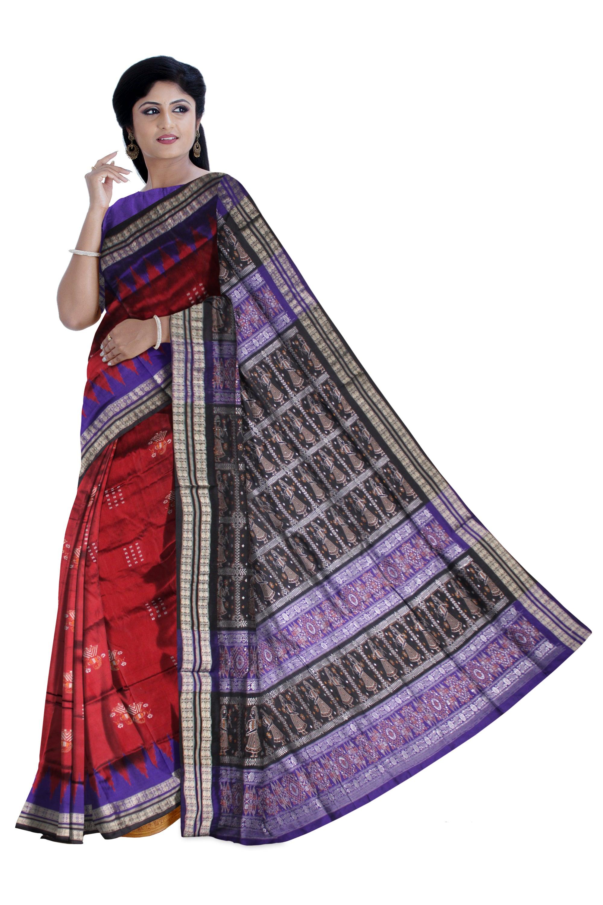 BODY DOLL PRINT  PATA SAREE IN MAROON AND BLUE COLOR, ATTACHED WITH BLOUSE PIECE. - Koshali Arts & Crafts Enterprise