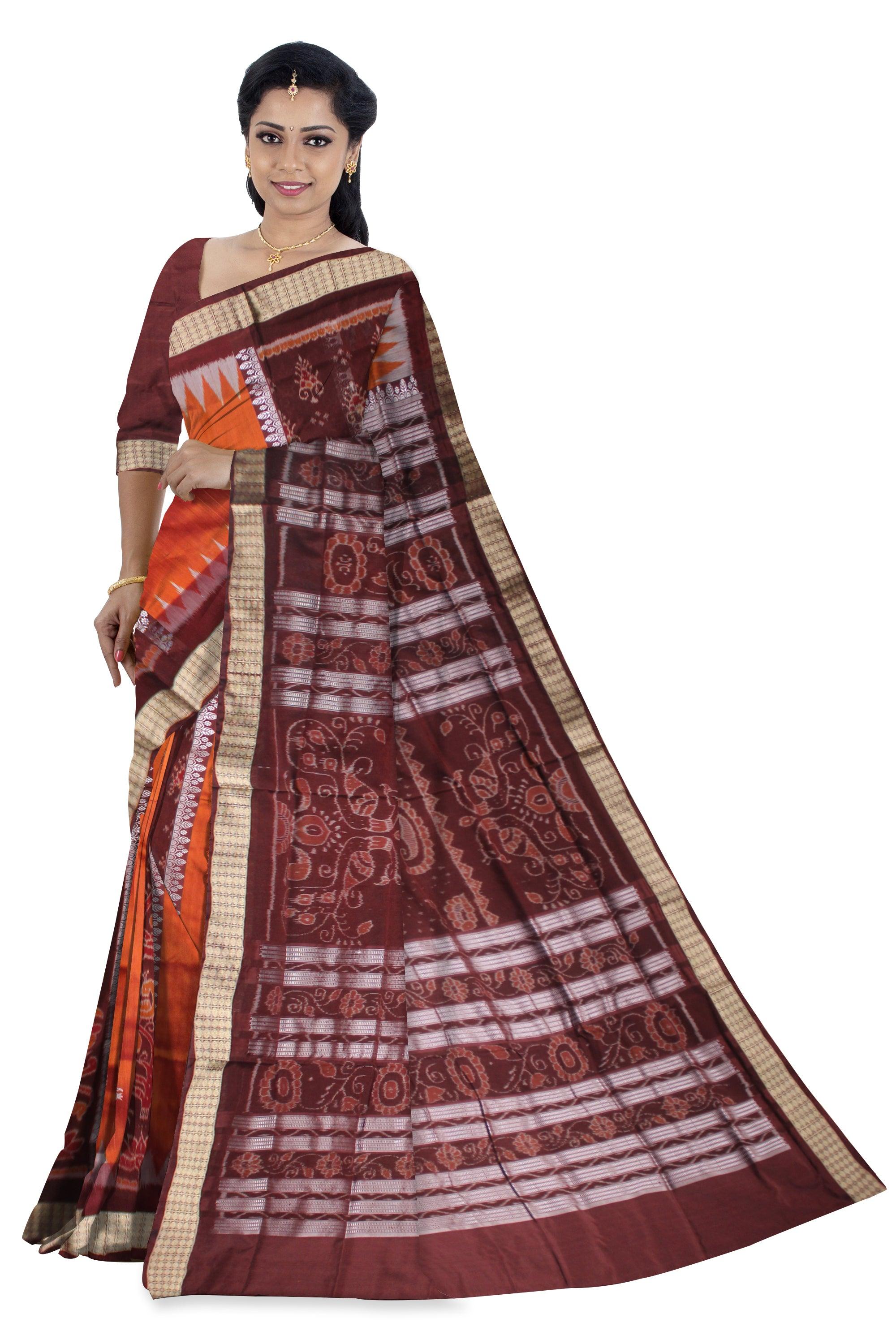 REDORANGE  AND COFFEE COLOR BANDHA PATERN PATA SAREE, WITH BLOUSE PIECE. - Koshali Arts & Crafts Enterprise