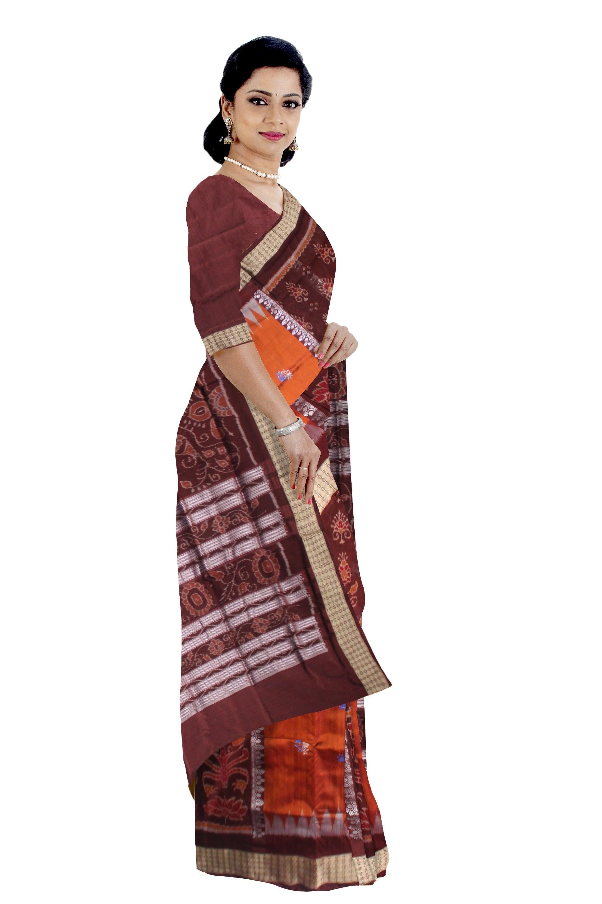 REDORANGE  AND COFFEE COLOR BANDHA PATERN PATA SAREE, WITH BLOUSE PIECE. - Koshali Arts & Crafts Enterprise