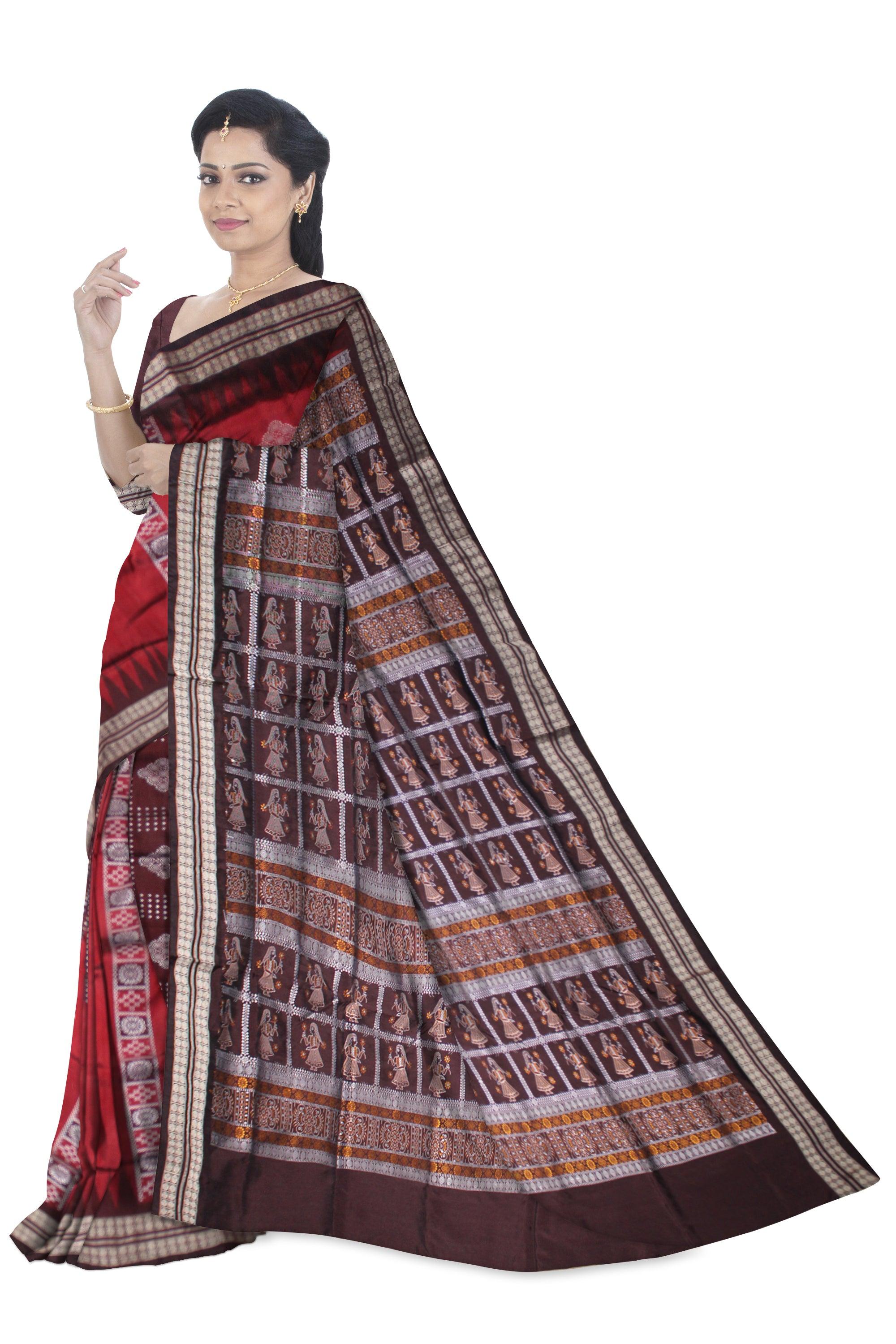 NEW DESIGN PALLU DOLL PRINT CHANDUA PASAPALI SAREE IN MAROON AND COFFEE COLOR ,  ATTACHED WITH BLOUSE PIECE. - Koshali Arts & Crafts Enterprise