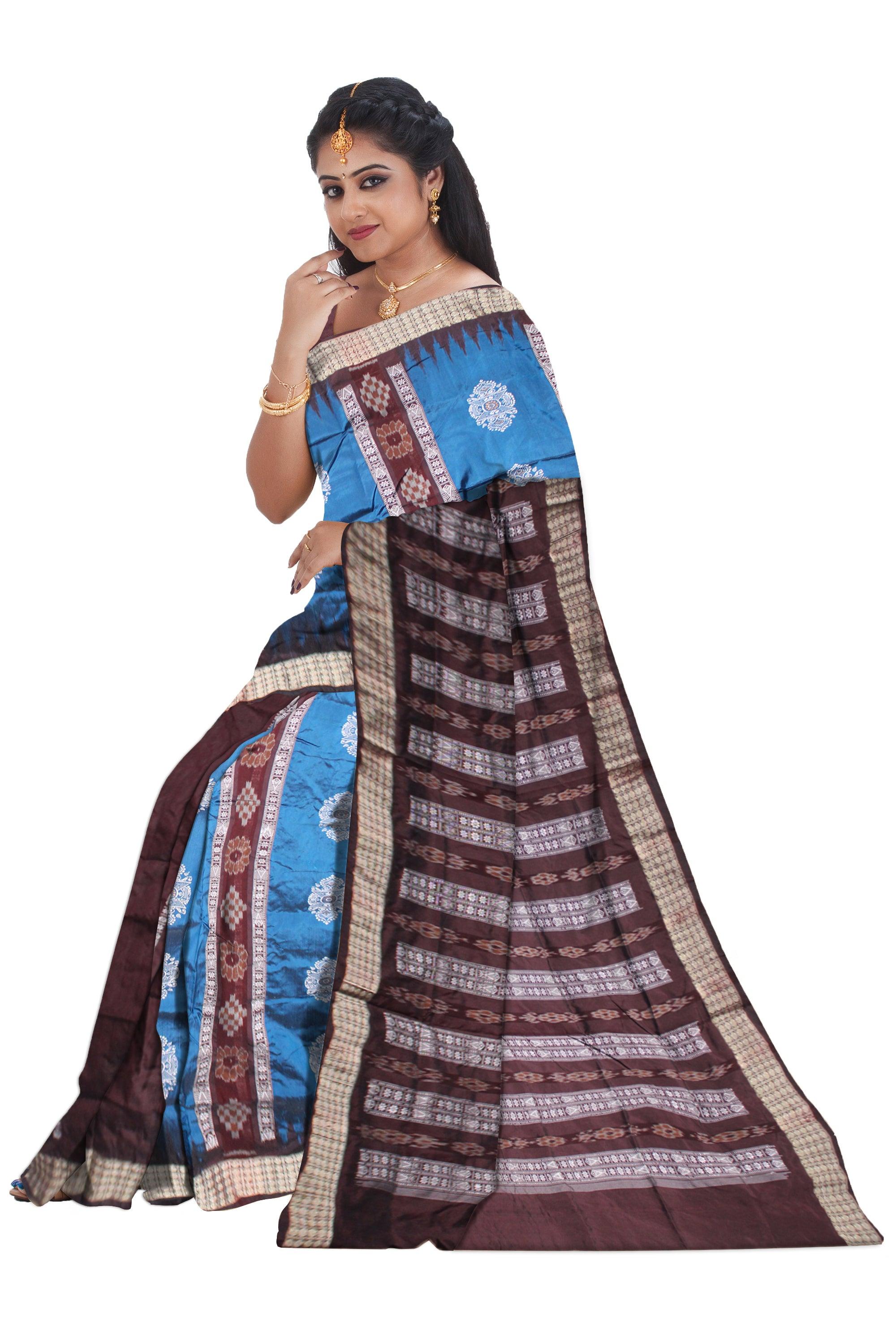A PATLI SAREE IN BLUE AND COFFEE COLOR BASE, WITH BLOUSE PIECE. - Koshali Arts & Crafts Enterprise