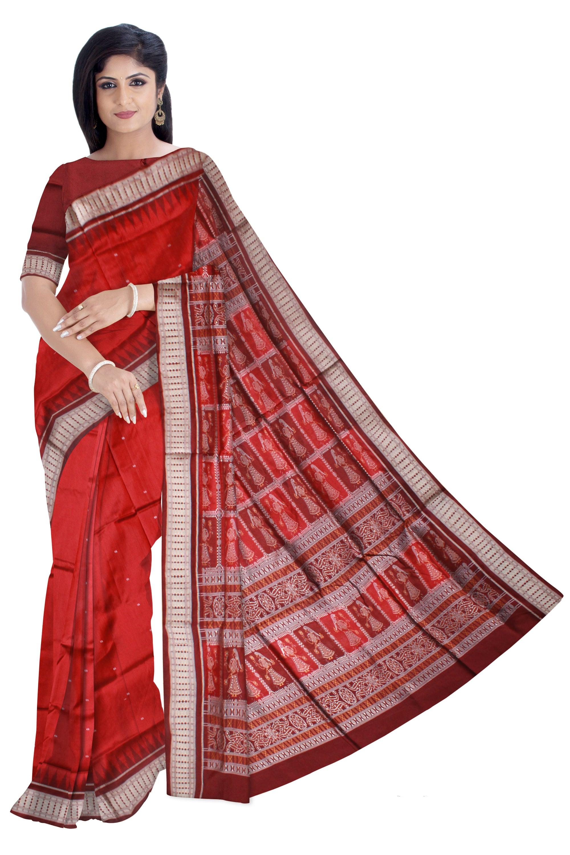 PALLU DOLL PRINT BOOTY PATTERN PATA SAREE IN RED AND MAROON COLOR BASE, WITH BLOUSE PIECE. - Koshali Arts & Crafts Enterprise