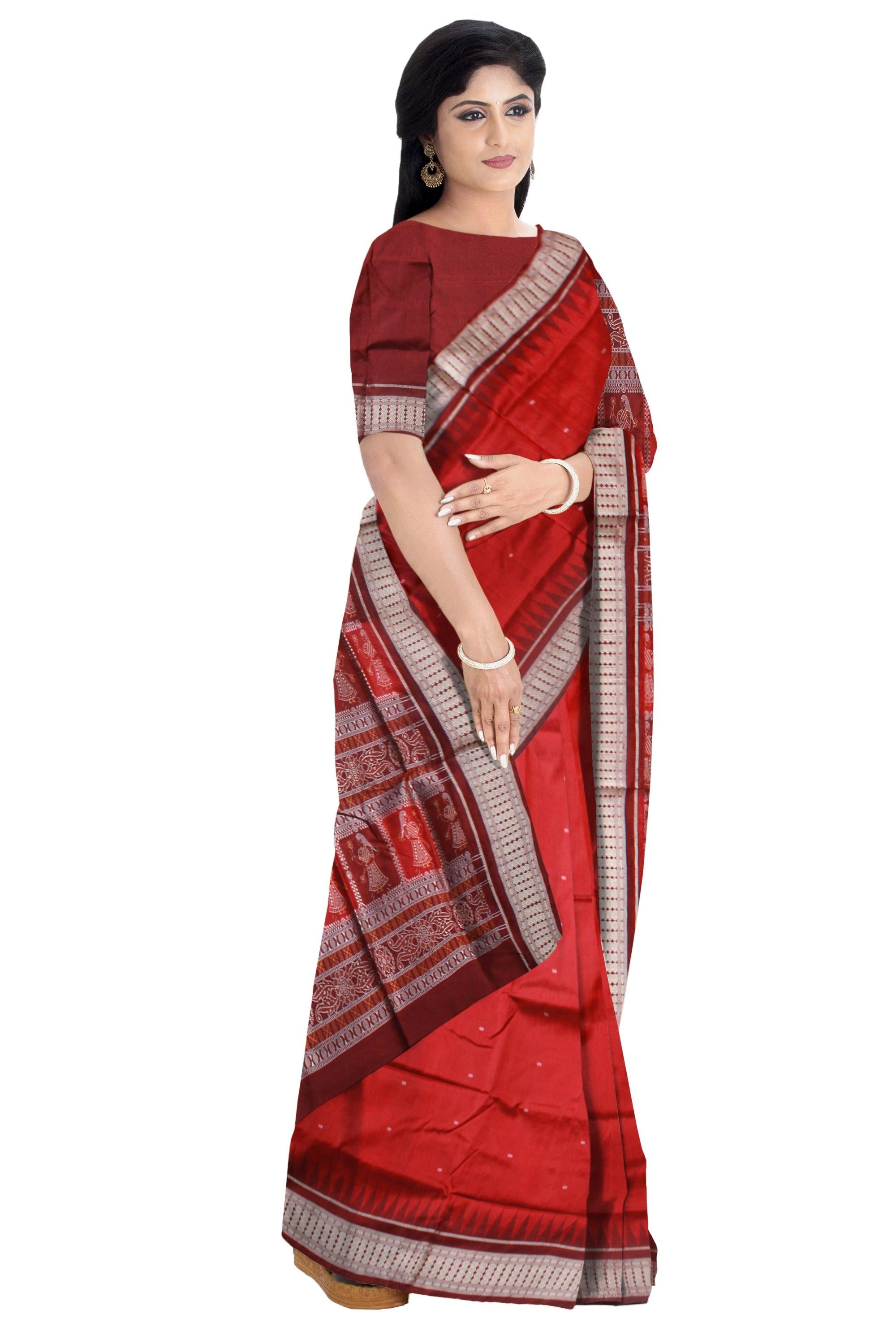 PALLU DOLL PRINT BOOTY PATTERN PATA SAREE IN RED AND MAROON COLOR BASE, WITH BLOUSE PIECE. - Koshali Arts & Crafts Enterprise