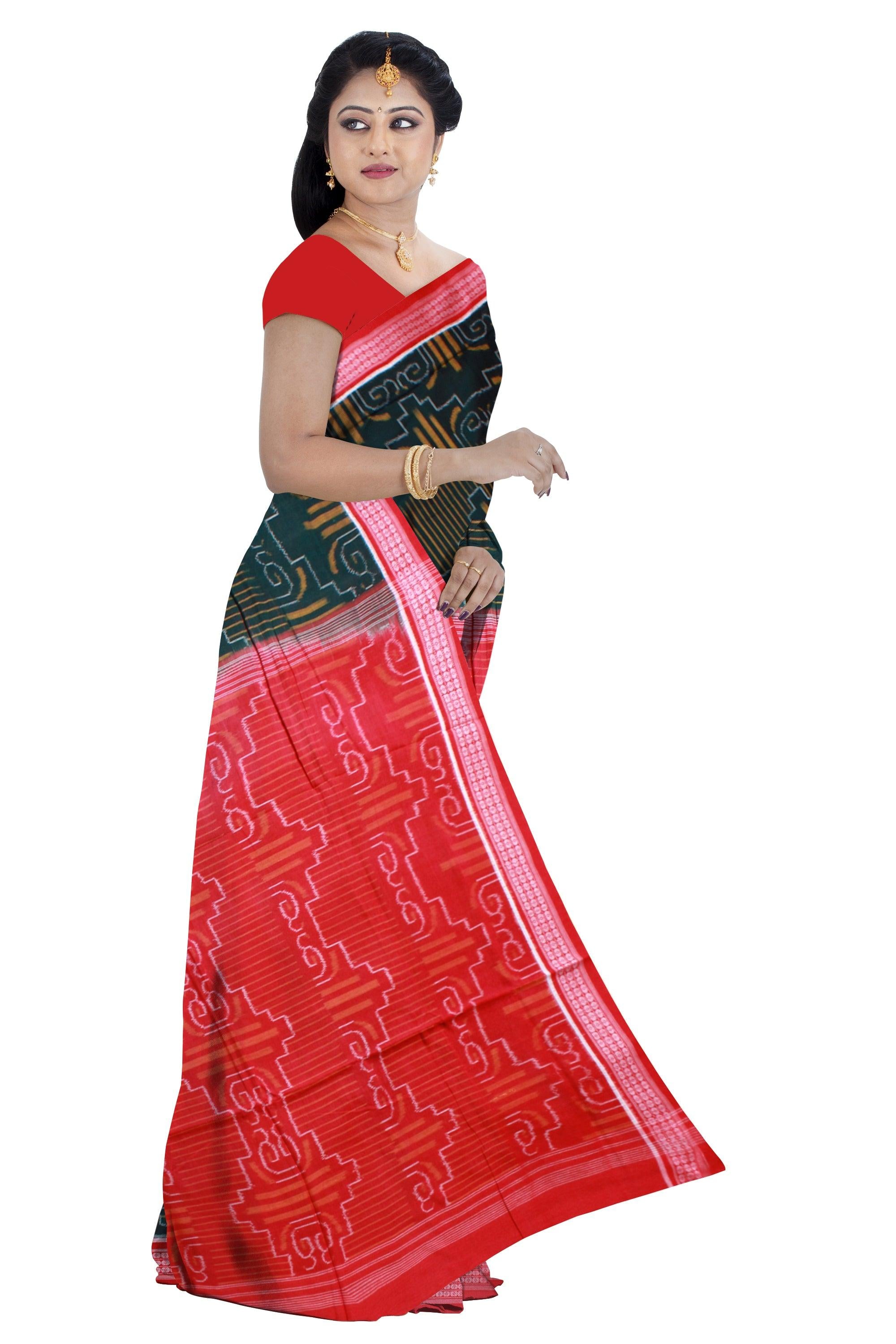 LATEST DESIGN MANIABANDHA COTTON SAREE IN DEEP GREEN, YELLOW AND RED BORDER. ATTACHED WITHOUT BLOUSE PIECE. - Koshali Arts & Crafts Enterprise