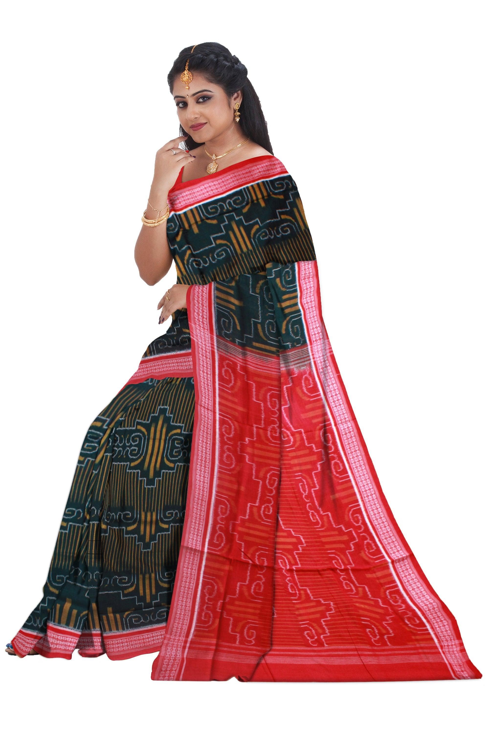 LATEST DESIGN MANIABANDHA COTTON SAREE IN DEEP GREEN, YELLOW AND RED BORDER. ATTACHED WITHOUT BLOUSE PIECE. - Koshali Arts & Crafts Enterprise